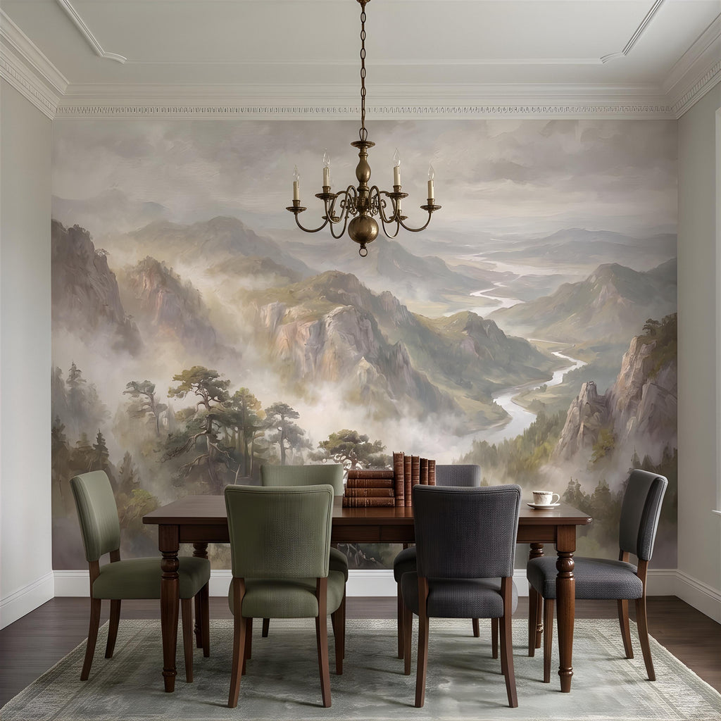 Misty Mountain Valley Peel and Stick Wall Mural, Painterly River Canyon Vista, Majestic Forest Peaks, Scenic Nature Wallpaper