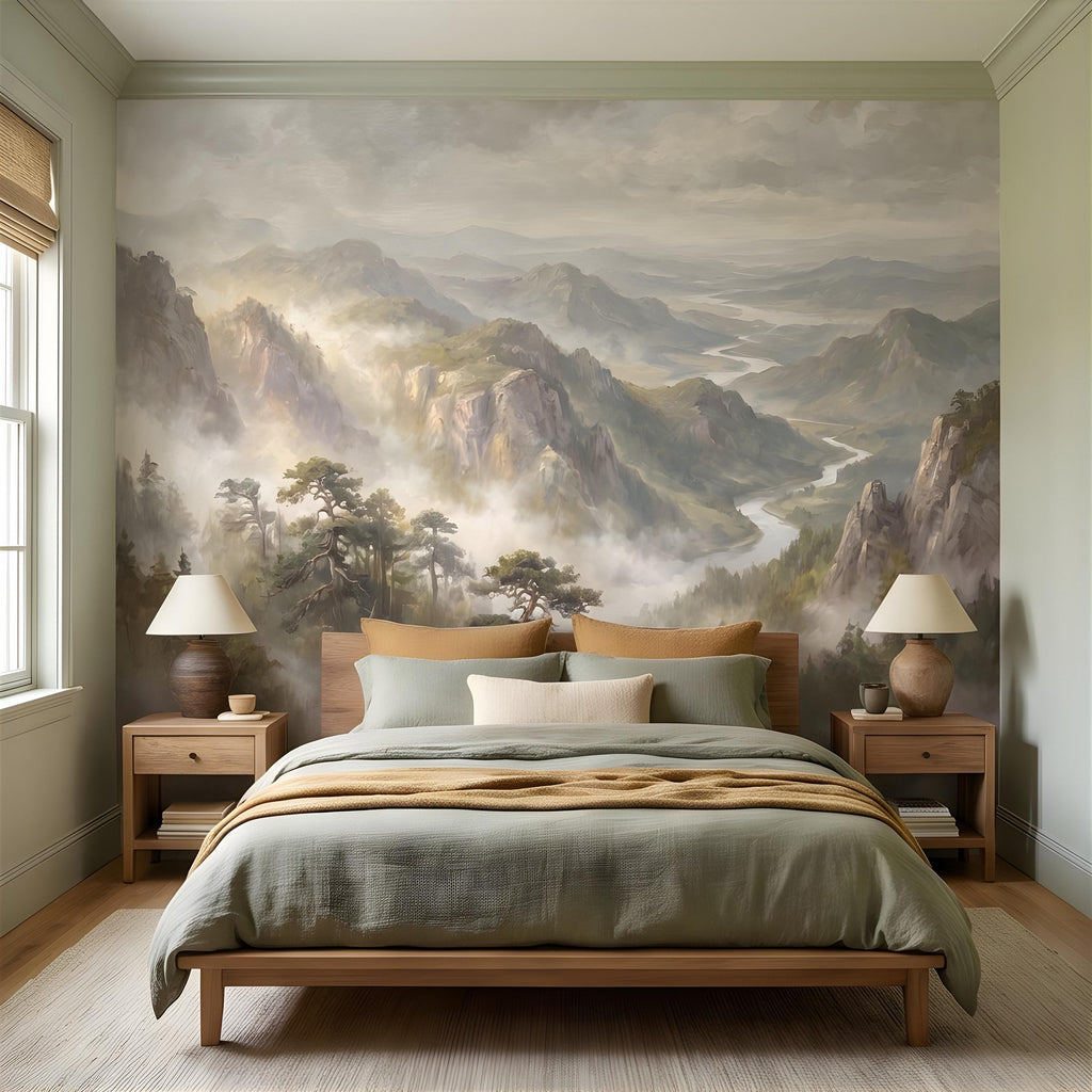 Misty Mountain Valley Peel and Stick Wall Mural, Painterly River Canyon Vista, Majestic Forest Peaks, Scenic Nature Wallpaper