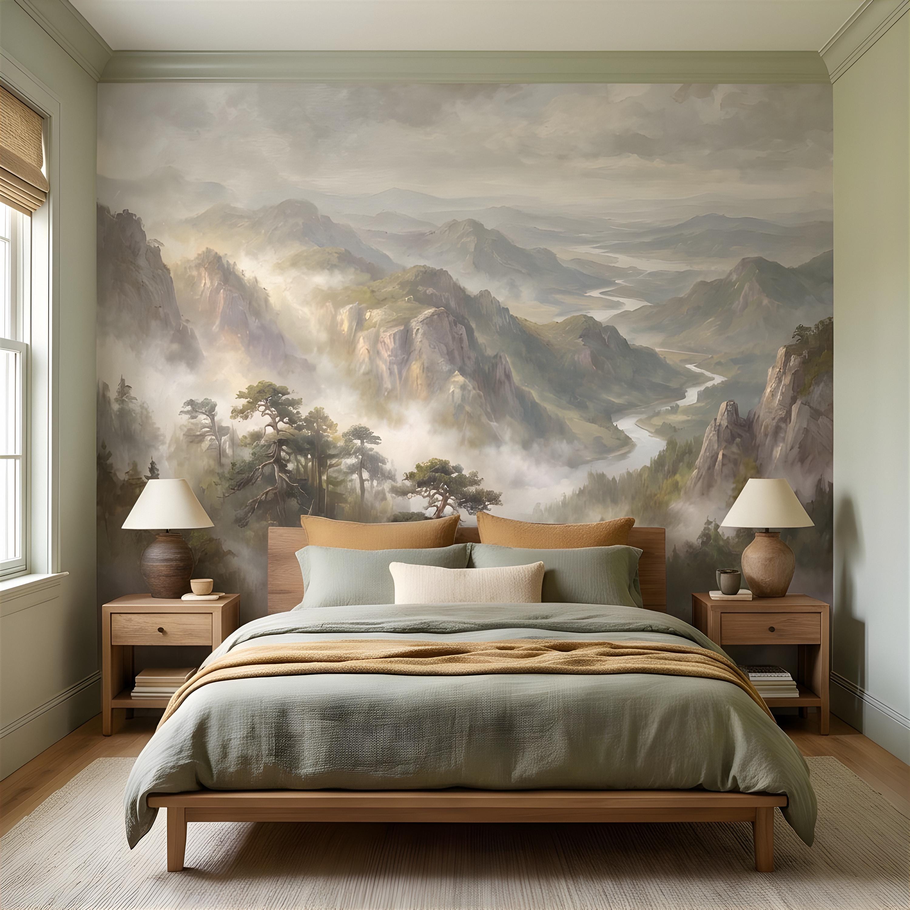 Misty Mountain Valley Peel and Stick Wall Mural, Painterly River Canyon Vista, Majestic Forest Peaks, Scenic Nature Wallpaper