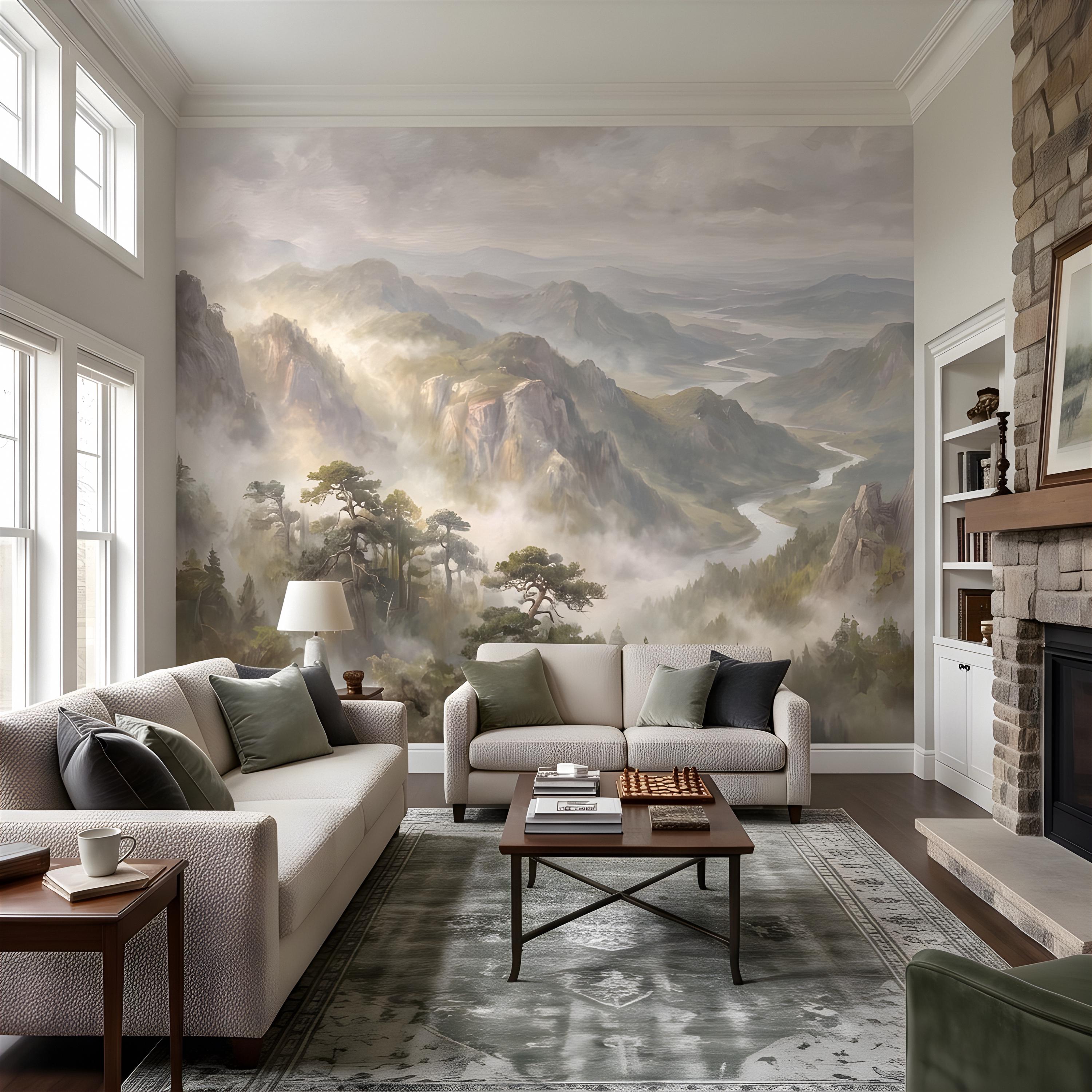 Misty Mountain Valley Peel and Stick Wall Mural, Painterly River Canyon Vista, Majestic Forest Peaks, Scenic Nature Wallpaper