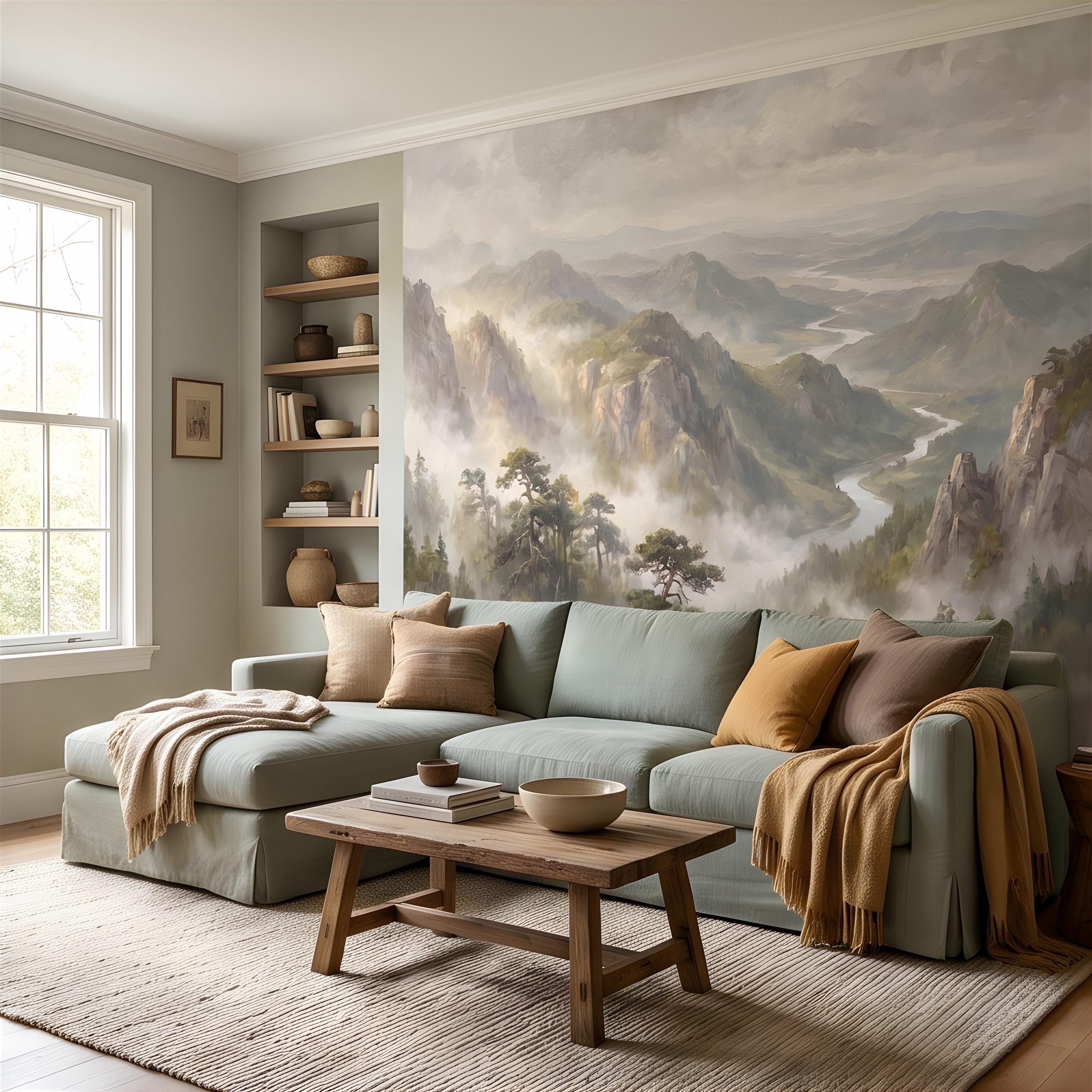 Misty Mountain Valley Peel and Stick Wall Mural, Painterly River Canyon Vista, Majestic Forest Peaks, Scenic Nature Wallpaper