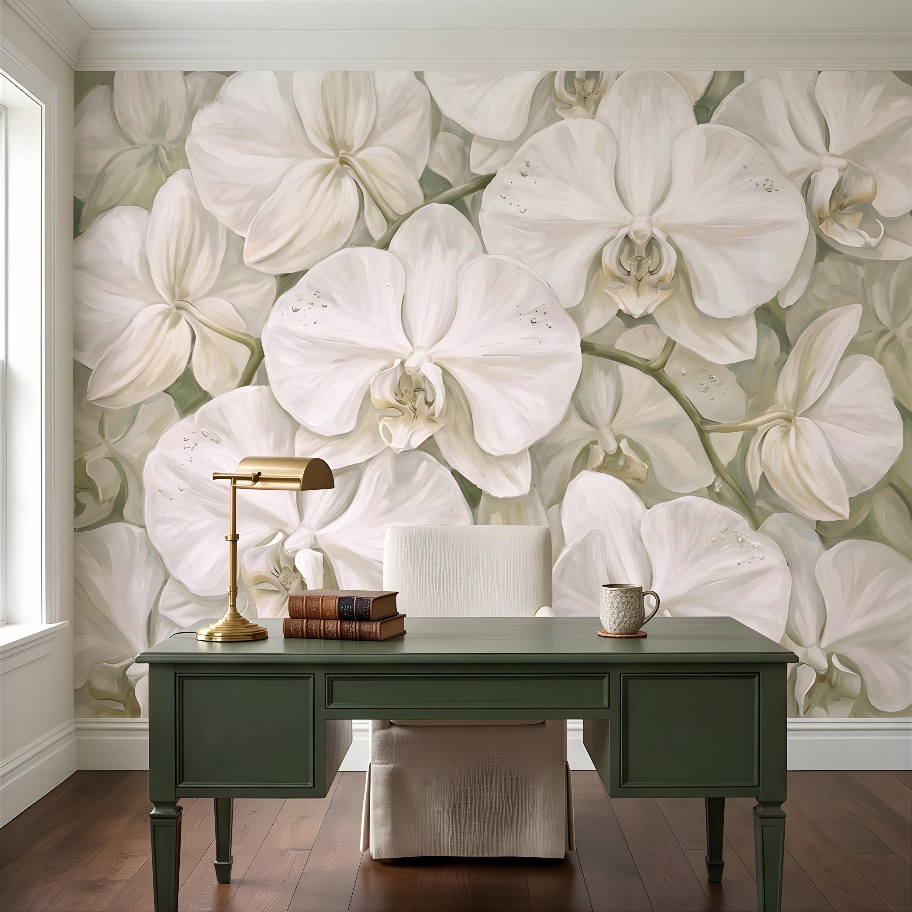 White Orchid Peel and Stick Wall Mural, Oversized Phalaenopsis Blooms, Elegant Botanical Floral, Soft Sage Wallpaper