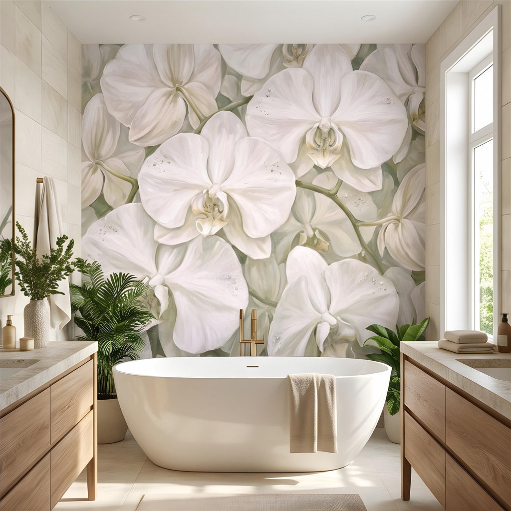 White Orchid Peel and Stick Wall Mural, Oversized Phalaenopsis Blooms, Elegant Botanical Floral, Soft Sage Wallpaper