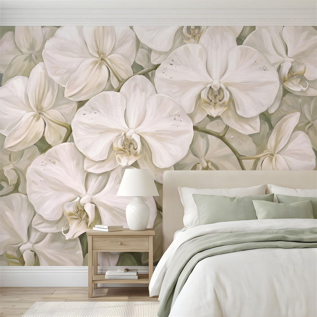 White Orchid Peel and Stick Wall Mural, Oversized Phalaenopsis Blooms, Elegant Botanical Floral, Soft Sage Wallpaper