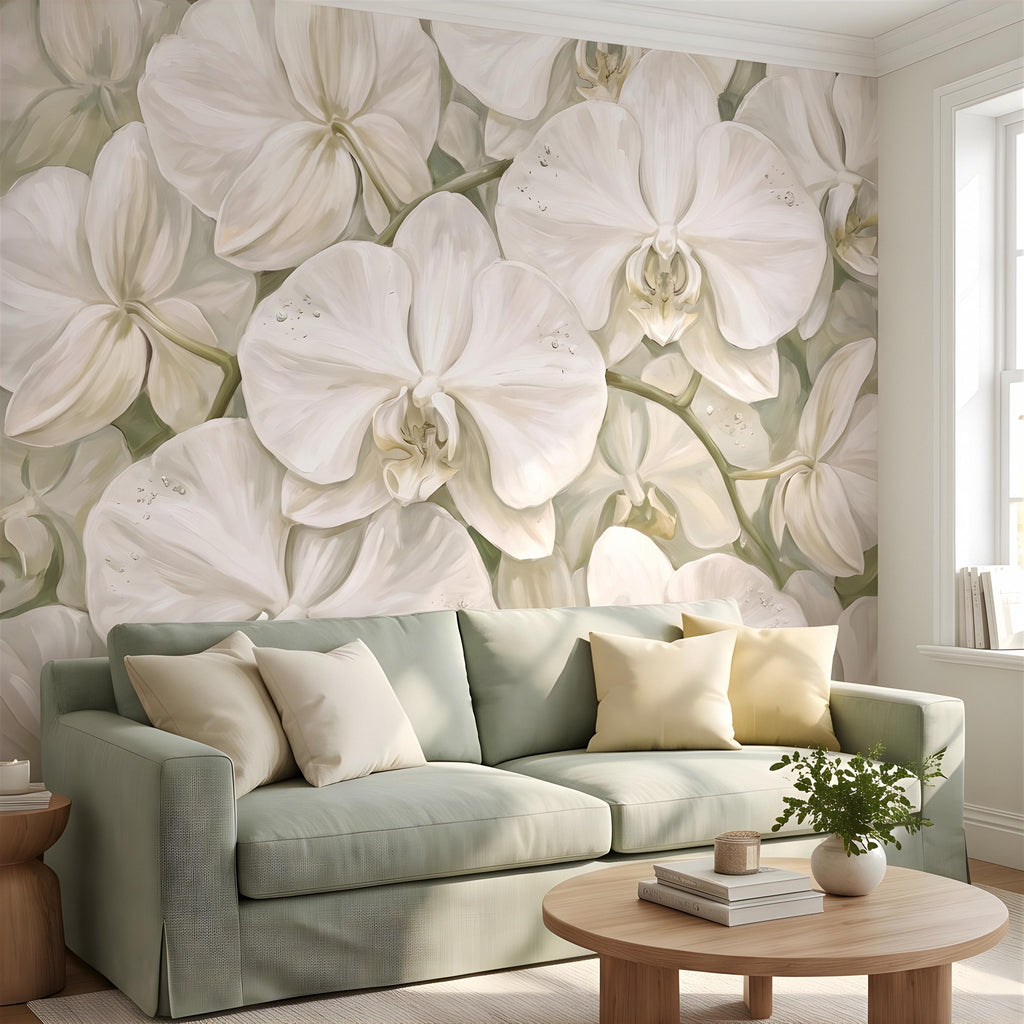 White Orchid Peel and Stick Wall Mural, Oversized Phalaenopsis Blooms, Elegant Botanical Floral, Soft Sage Wallpaper