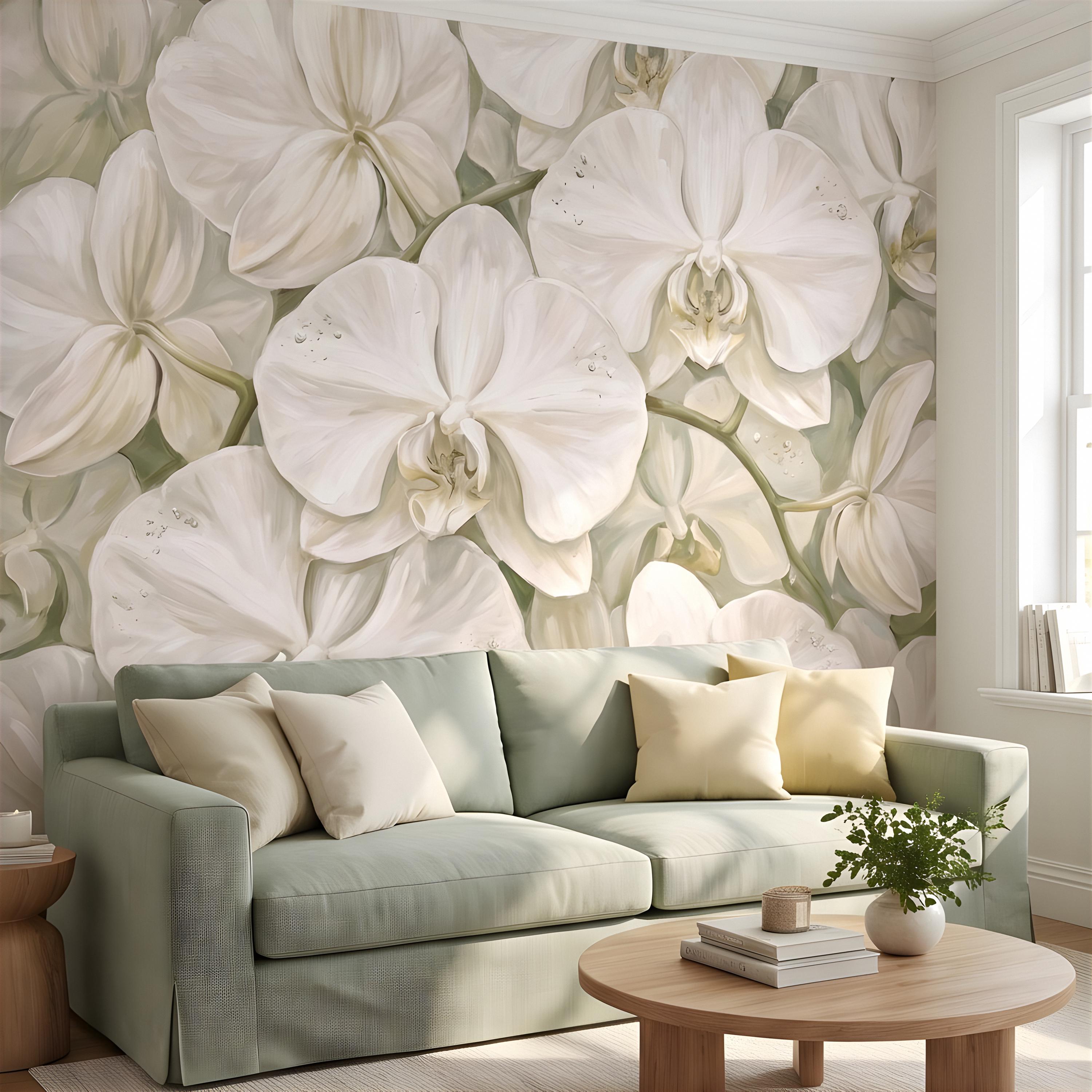 White Orchid Peel and Stick Wall Mural, Oversized Phalaenopsis Blooms, Elegant Botanical Floral, Soft Sage Wallpaper