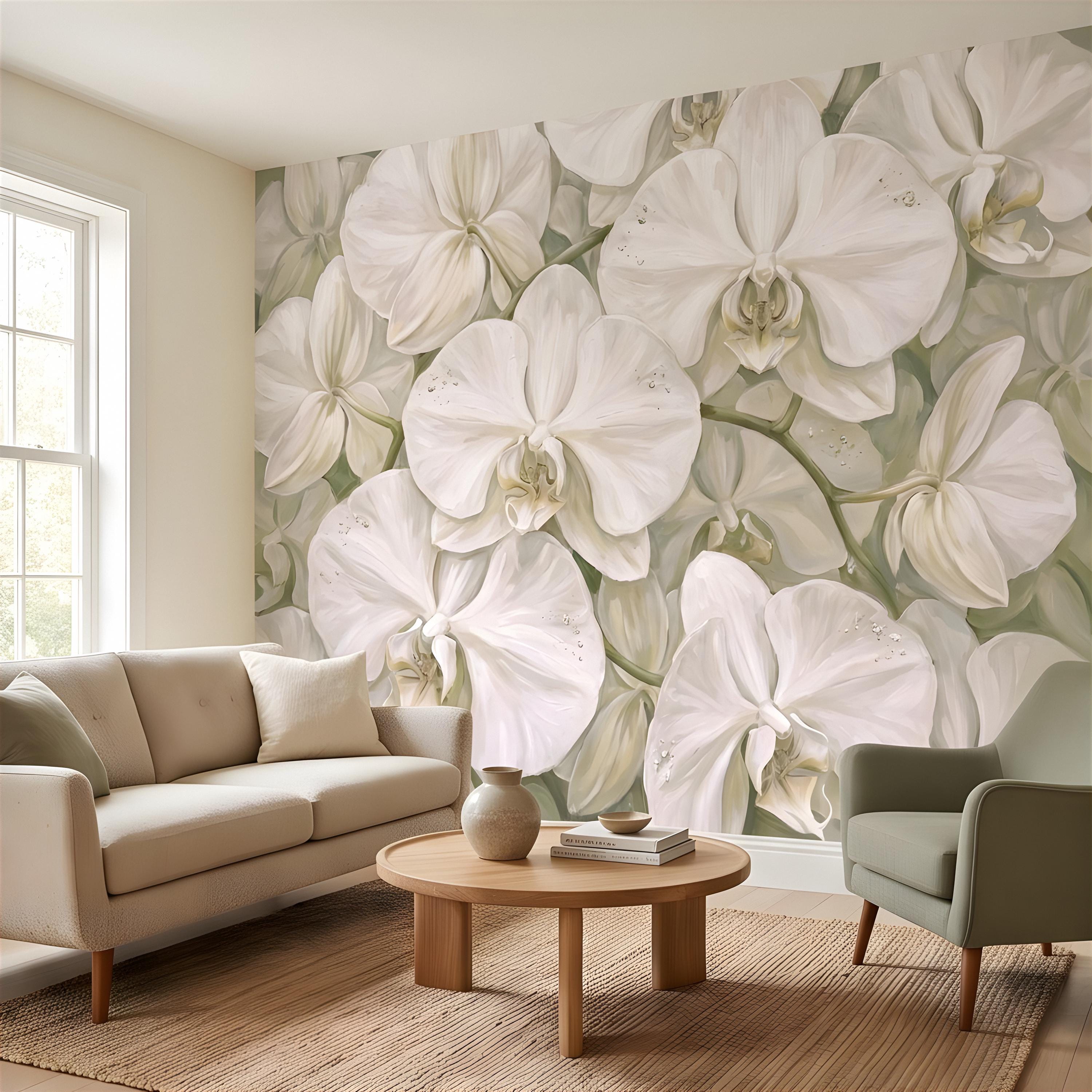 White Orchid Peel and Stick Wall Mural, Oversized Phalaenopsis Blooms, Elegant Botanical Floral, Soft Sage Wallpaper