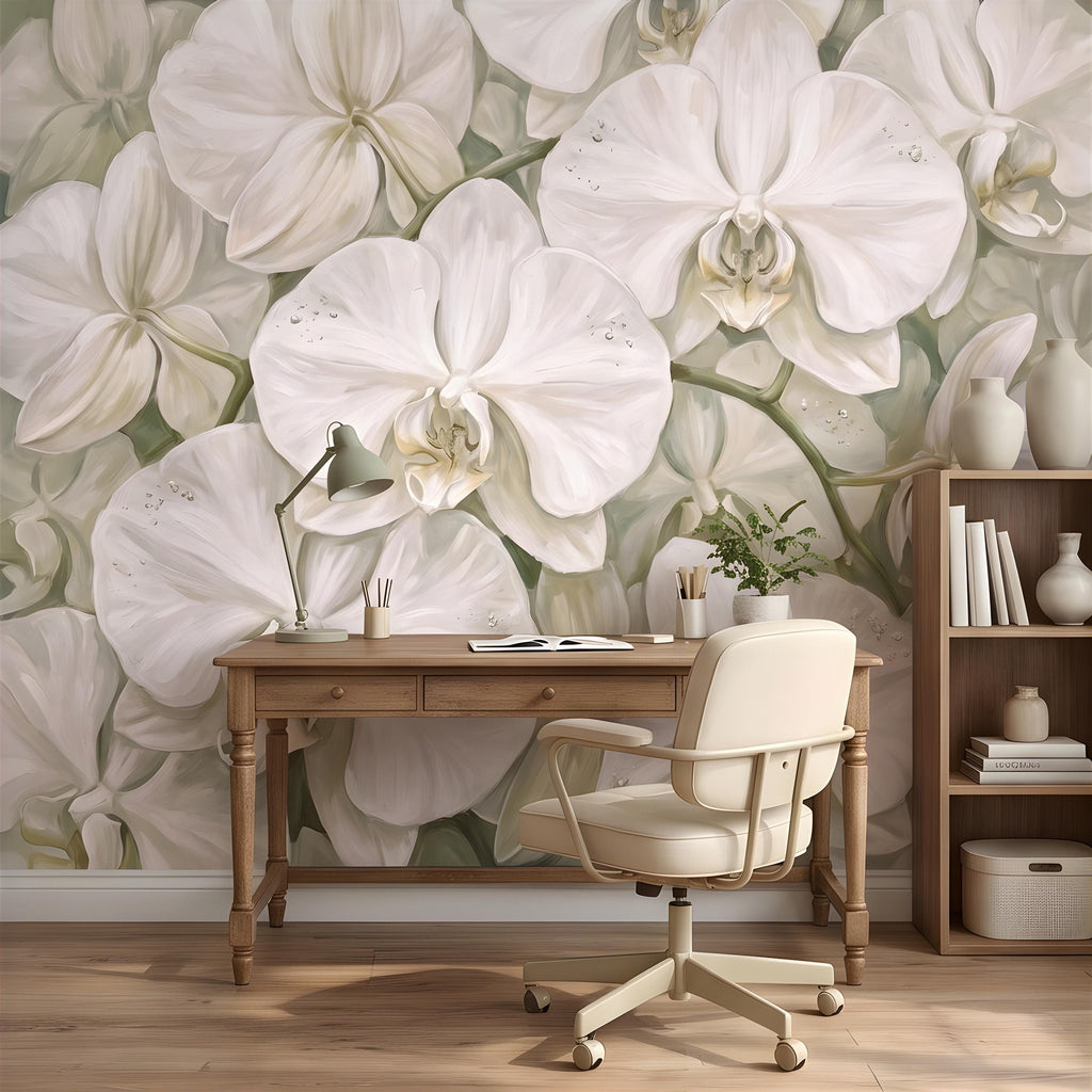 White Orchid Peel and Stick Wall Mural, Oversized Phalaenopsis Blooms, Elegant Botanical Floral, Soft Sage Wallpaper