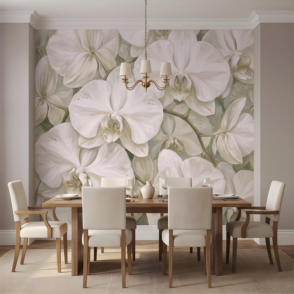 White Orchid Peel and Stick Wall Mural, Oversized Phalaenopsis Blooms, Elegant Botanical Floral, Soft Sage Wallpaper