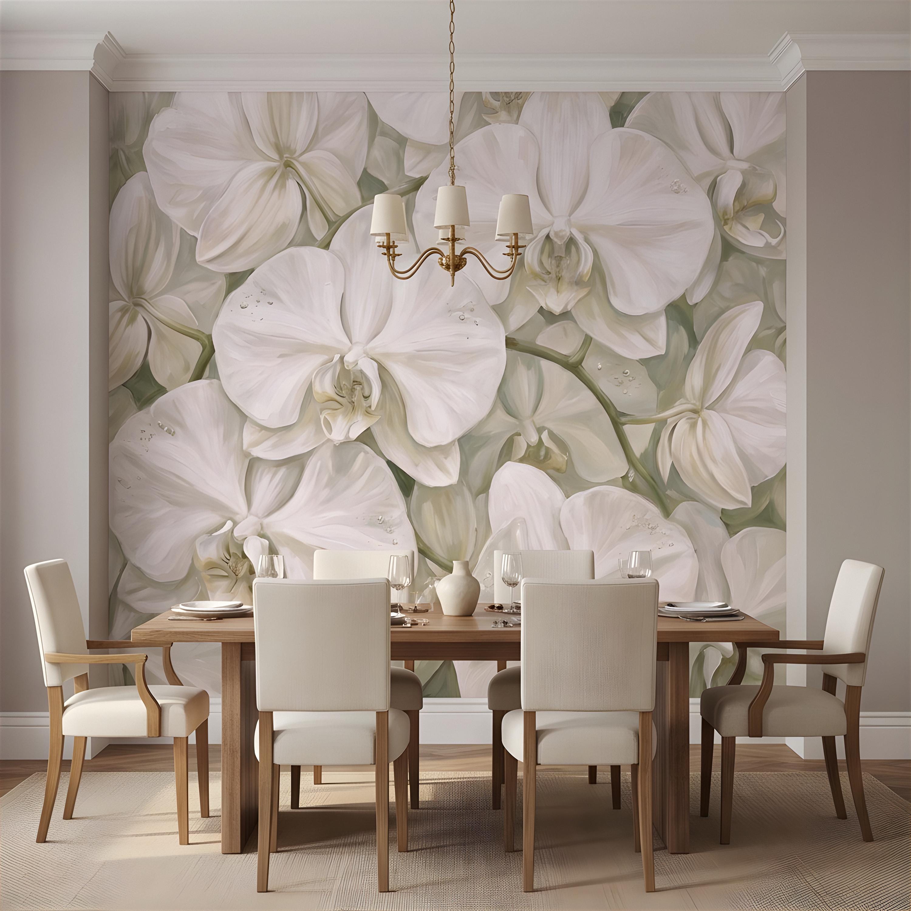 White Orchid Peel and Stick Wall Mural, Oversized Phalaenopsis Blooms, Elegant Botanical Floral, Soft Sage Wallpaper