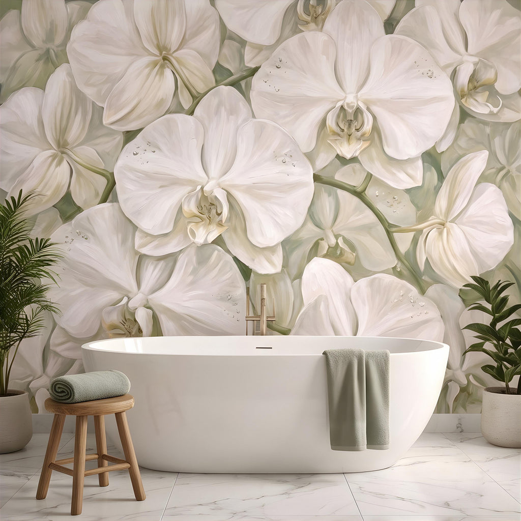 White Orchid Peel and Stick Wall Mural, Oversized Phalaenopsis Blooms, Elegant Botanical Floral, Soft Sage Wallpaper