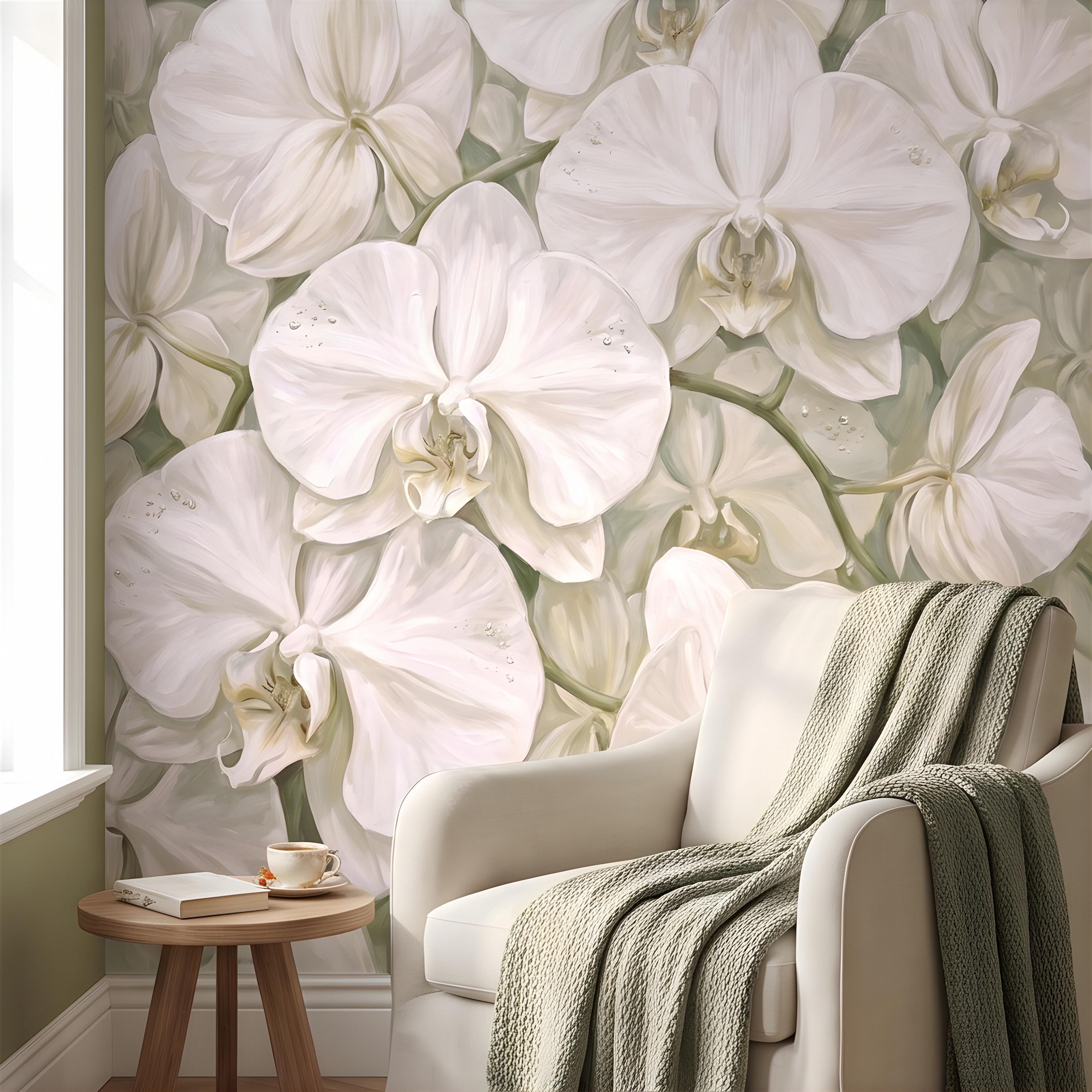 White Orchid Peel and Stick Wall Mural, Oversized Phalaenopsis Blooms, Elegant Botanical Floral, Soft Sage Wallpaper