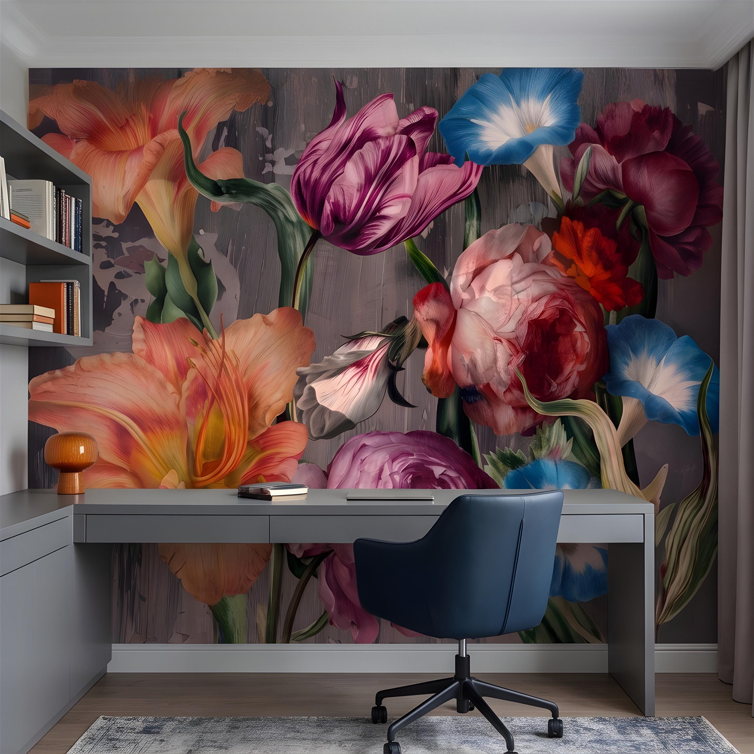 Eclectic Floral Peel and Stick Wall Mural, Daylily Peony Tulip Bouquet, Moody Botanical Arrangement Painterly Wallpaper