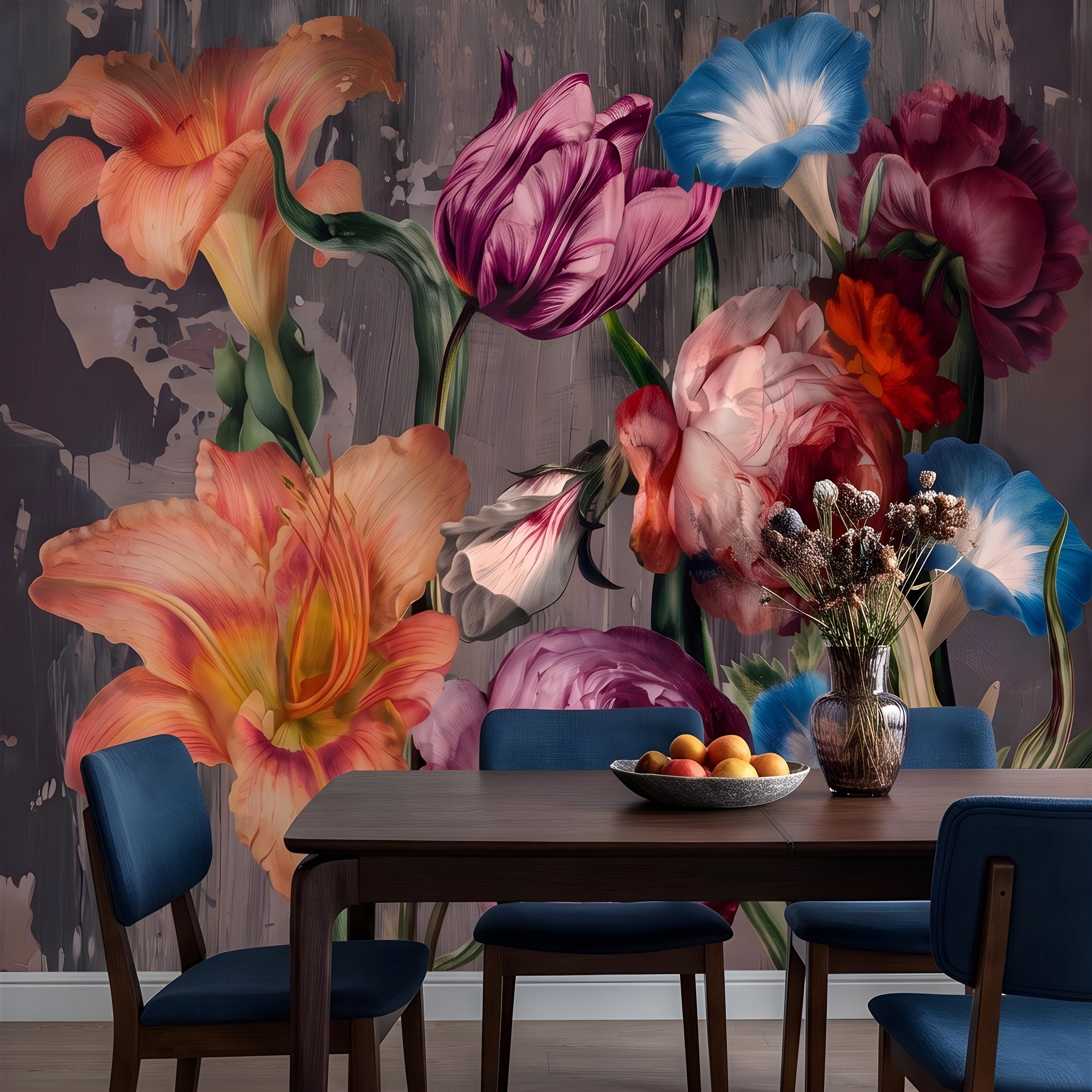 Eclectic Floral Peel and Stick Wall Mural, Daylily Peony Tulip Bouquet, Moody Botanical Arrangement Painterly Wallpaper