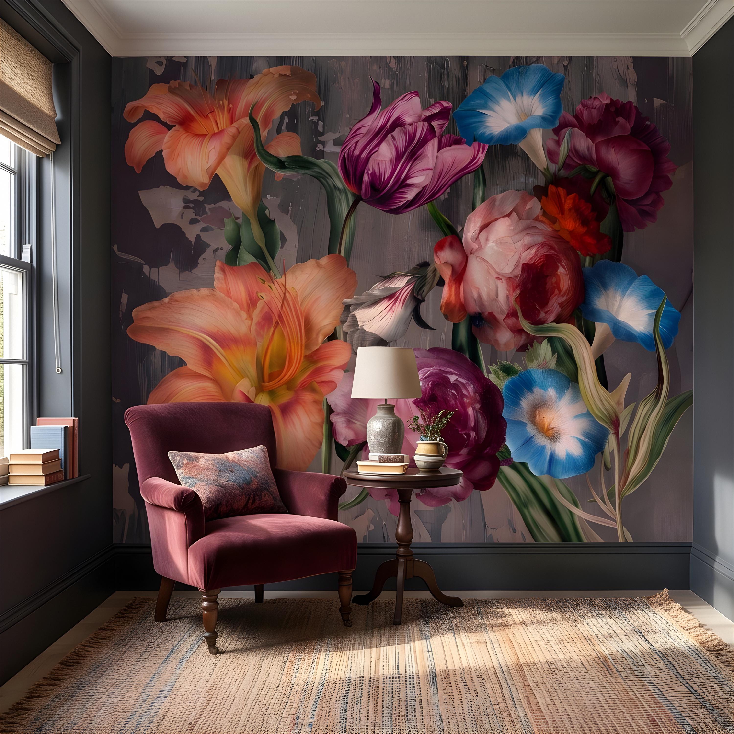 Eclectic Floral Peel and Stick Wall Mural, Daylily Peony Tulip Bouquet, Moody Botanical Arrangement Painterly Wallpaper