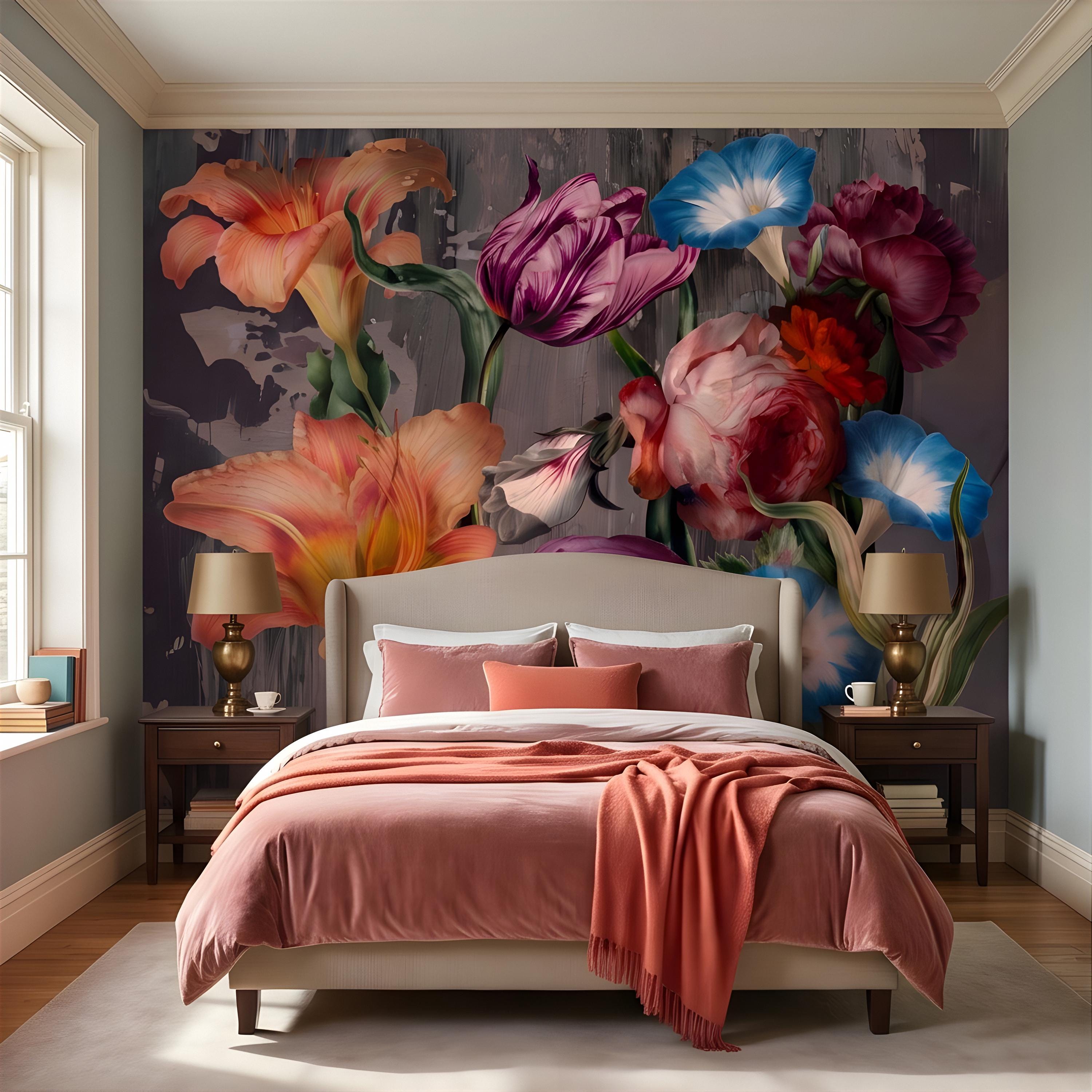 Eclectic Floral Peel and Stick Wall Mural, Daylily Peony Tulip Bouquet, Moody Botanical Arrangement Painterly Wallpaper