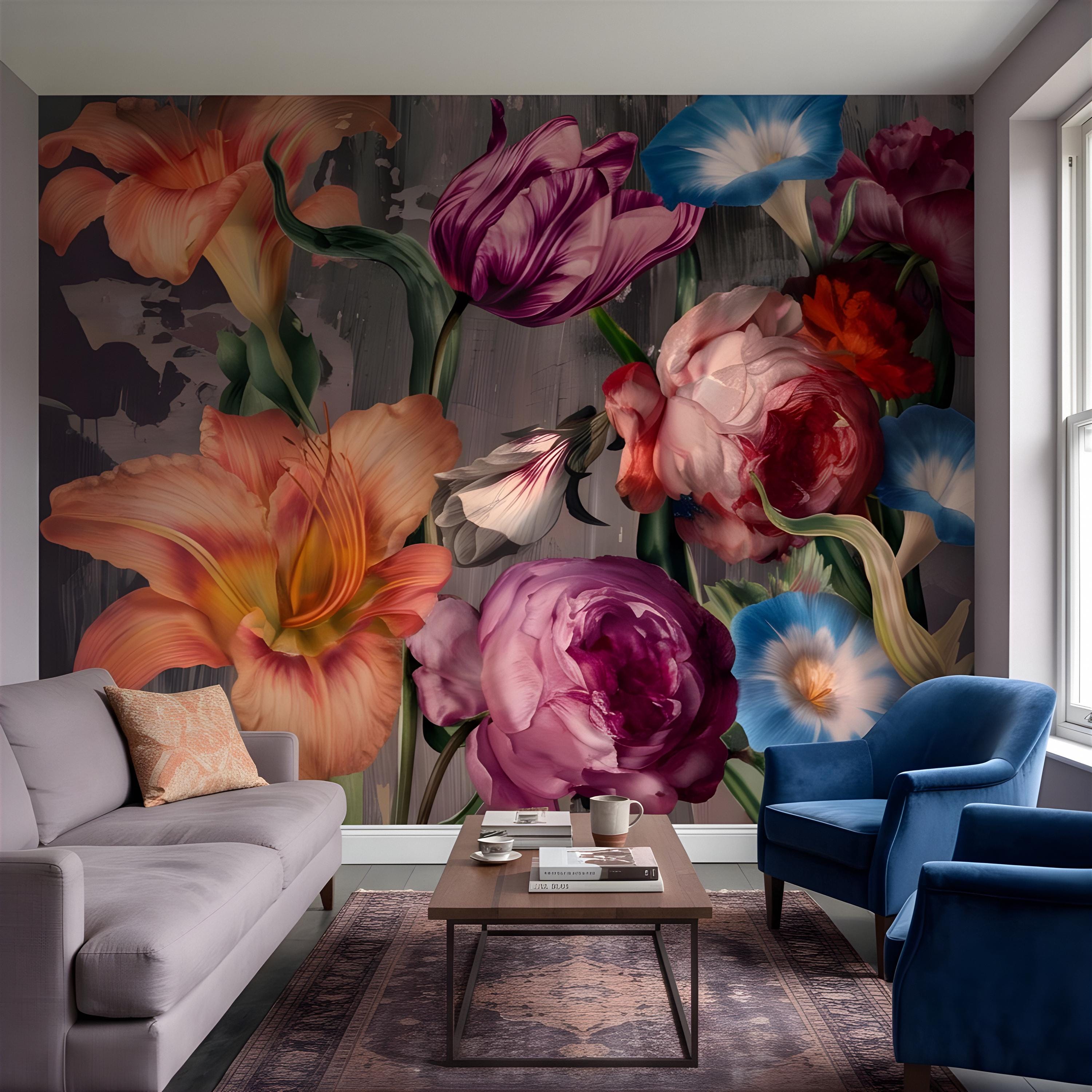 Eclectic Floral Peel and Stick Wall Mural, Daylily Peony Tulip Bouquet, Moody Botanical Arrangement Painterly Wallpaper