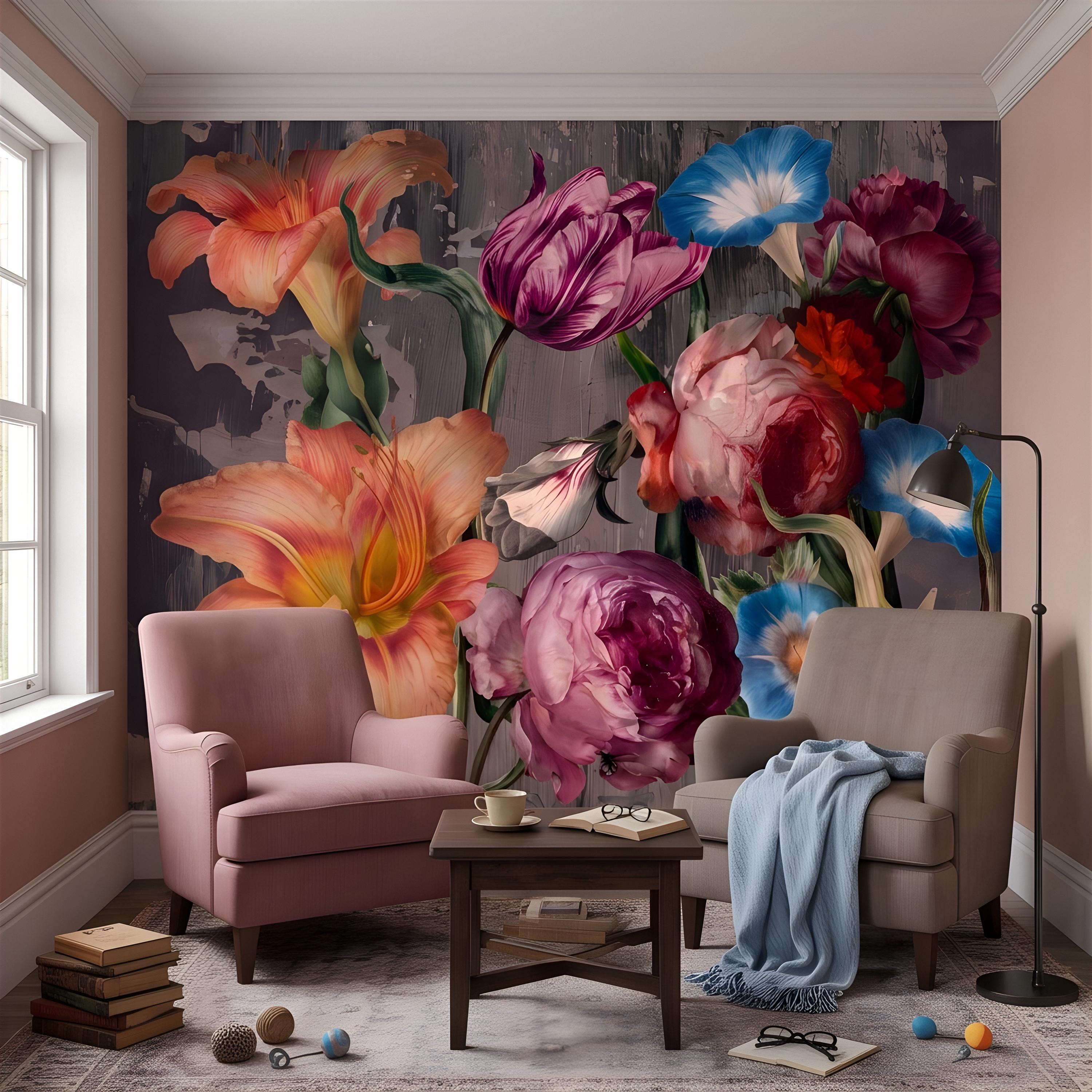 Eclectic Floral Peel and Stick Wall Mural, Daylily Peony Tulip Bouquet, Moody Botanical Arrangement Painterly Wallpaper