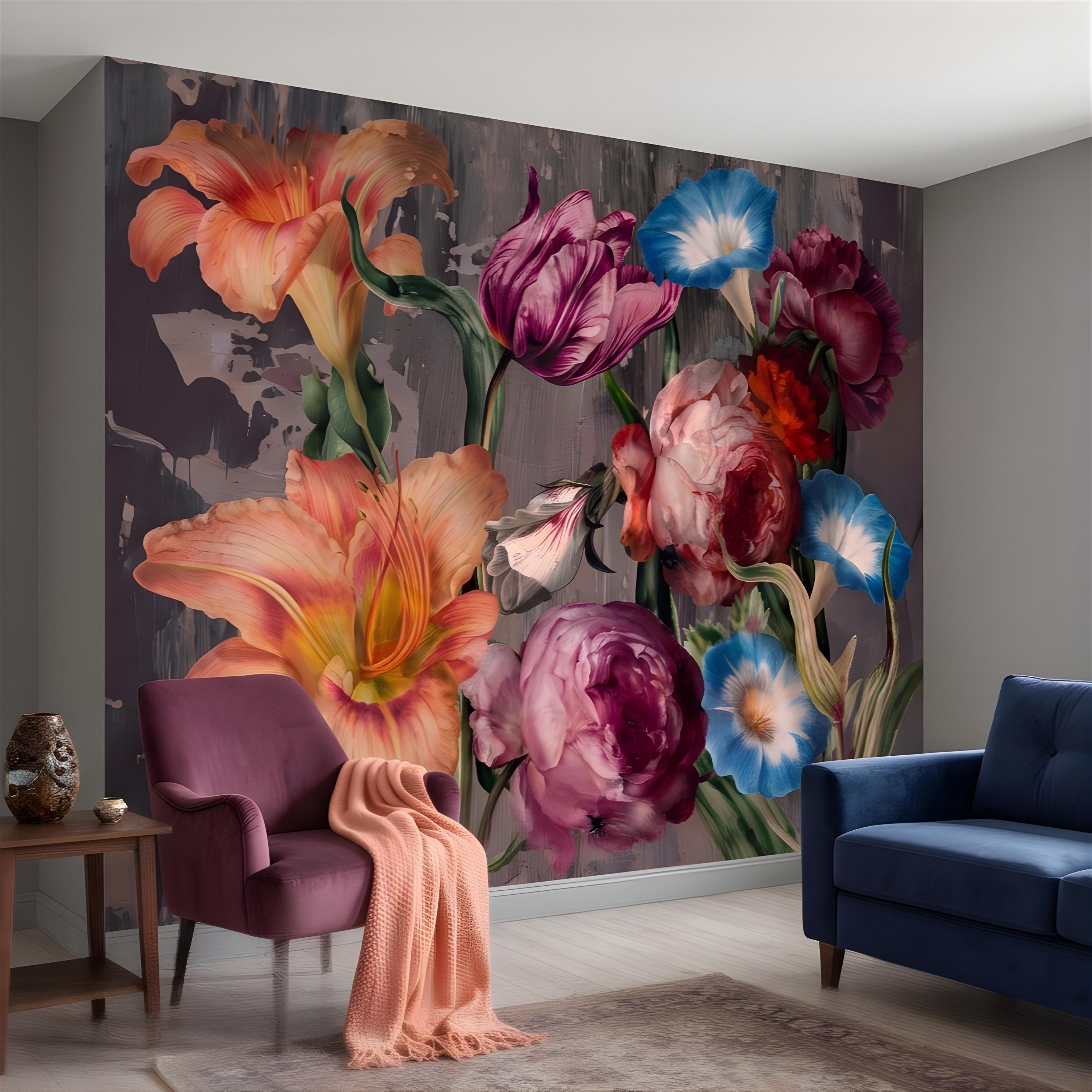 Eclectic Floral Peel and Stick Wall Mural, Daylily Peony Tulip Bouquet, Moody Botanical Arrangement Painterly Wallpaper