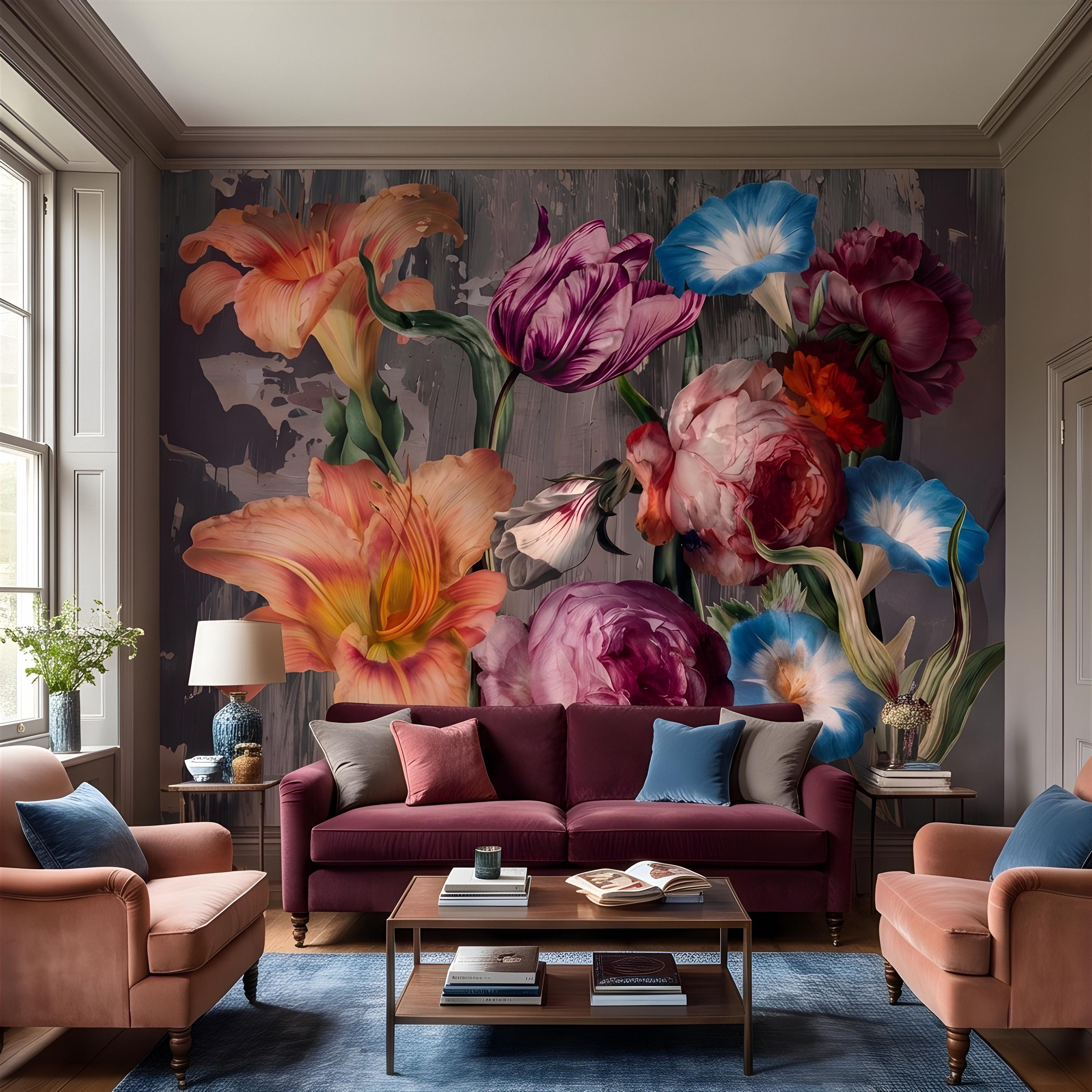 Eclectic Floral Peel and Stick Wall Mural, Daylily Peony Tulip Bouquet, Moody Botanical Arrangement Painterly Wallpaper