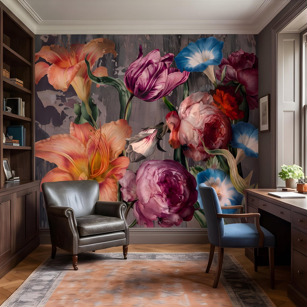 Eclectic Floral Peel and Stick Wall Mural, Daylily Peony Tulip Bouquet, Moody Botanical Arrangement Painterly Wallpaper