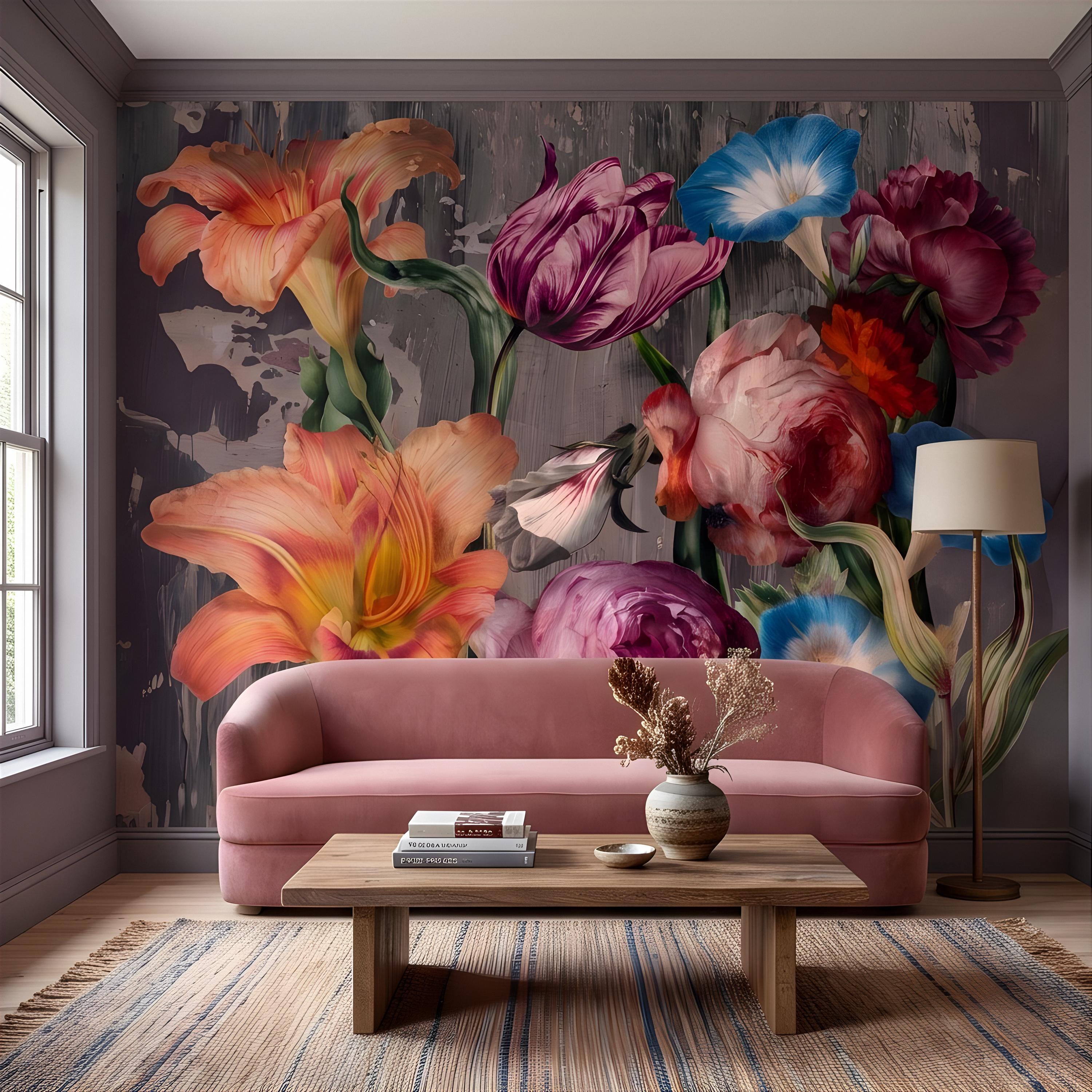 Eclectic Floral Peel and Stick Wall Mural, Daylily Peony Tulip Bouquet, Moody Botanical Arrangement Painterly Wallpaper