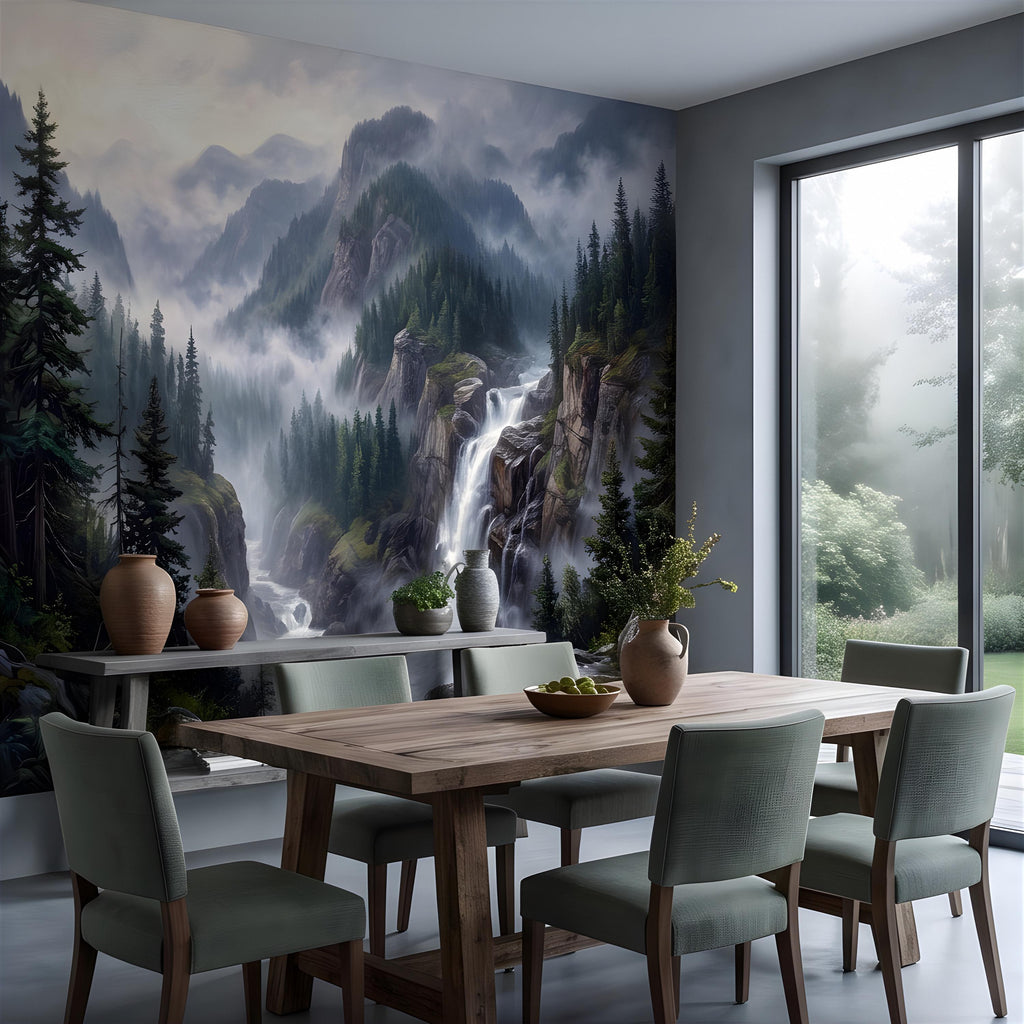 Mountain Waterfall Peel and Stick Wall Mural, Misty Pine Forest Valley, Majestic Rocky Wilderness, Scenic Nature Wallpaper