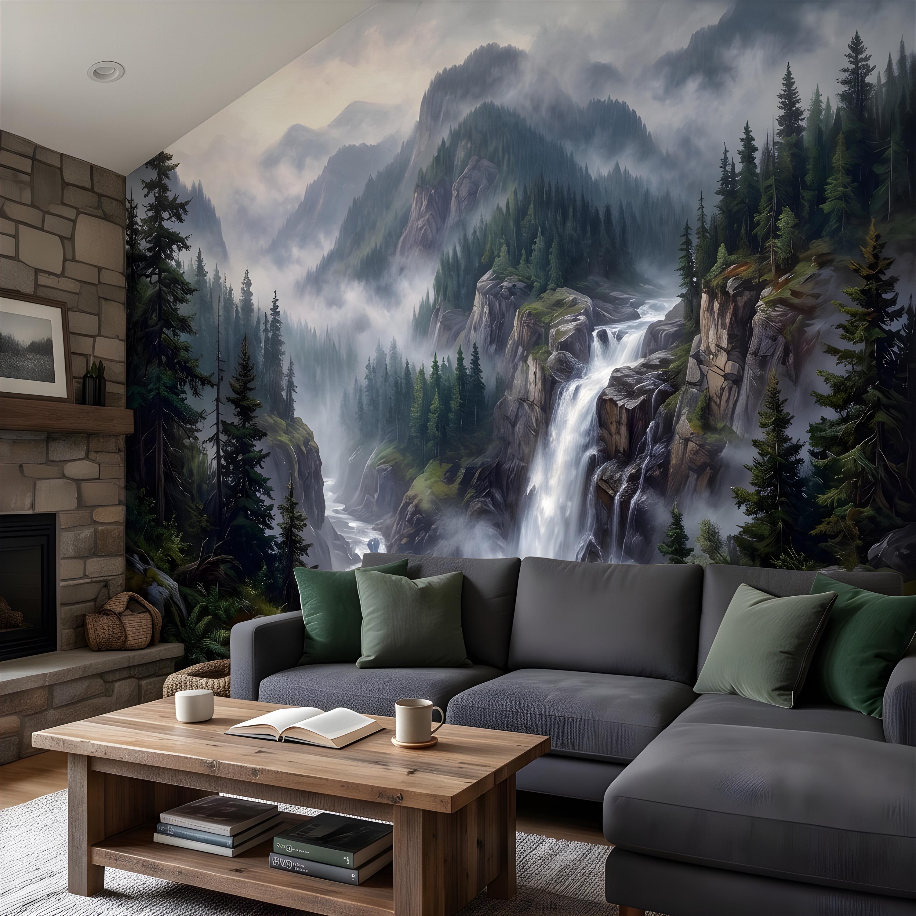 Mountain Waterfall Peel and Stick Wall Mural, Misty Pine Forest Valley, Majestic Rocky Wilderness, Scenic Nature Wallpaper