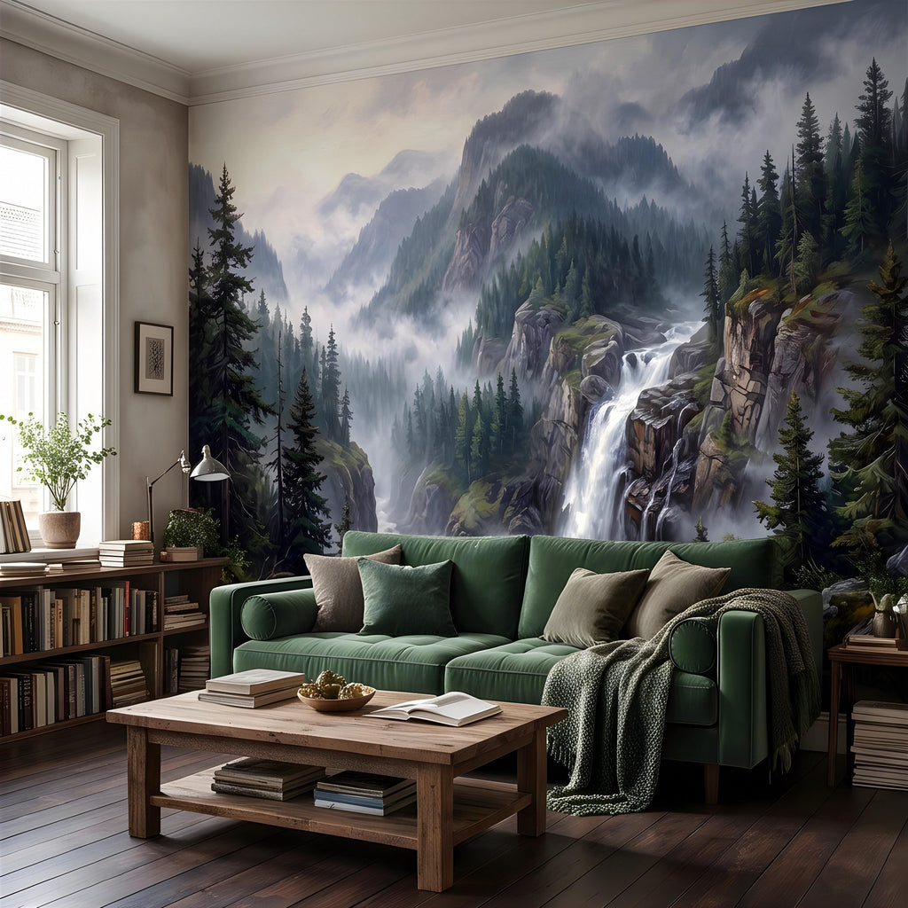 Mountain Waterfall Peel and Stick Wall Mural, Misty Pine Forest Valley, Majestic Rocky Wilderness, Scenic Nature Wallpaper
