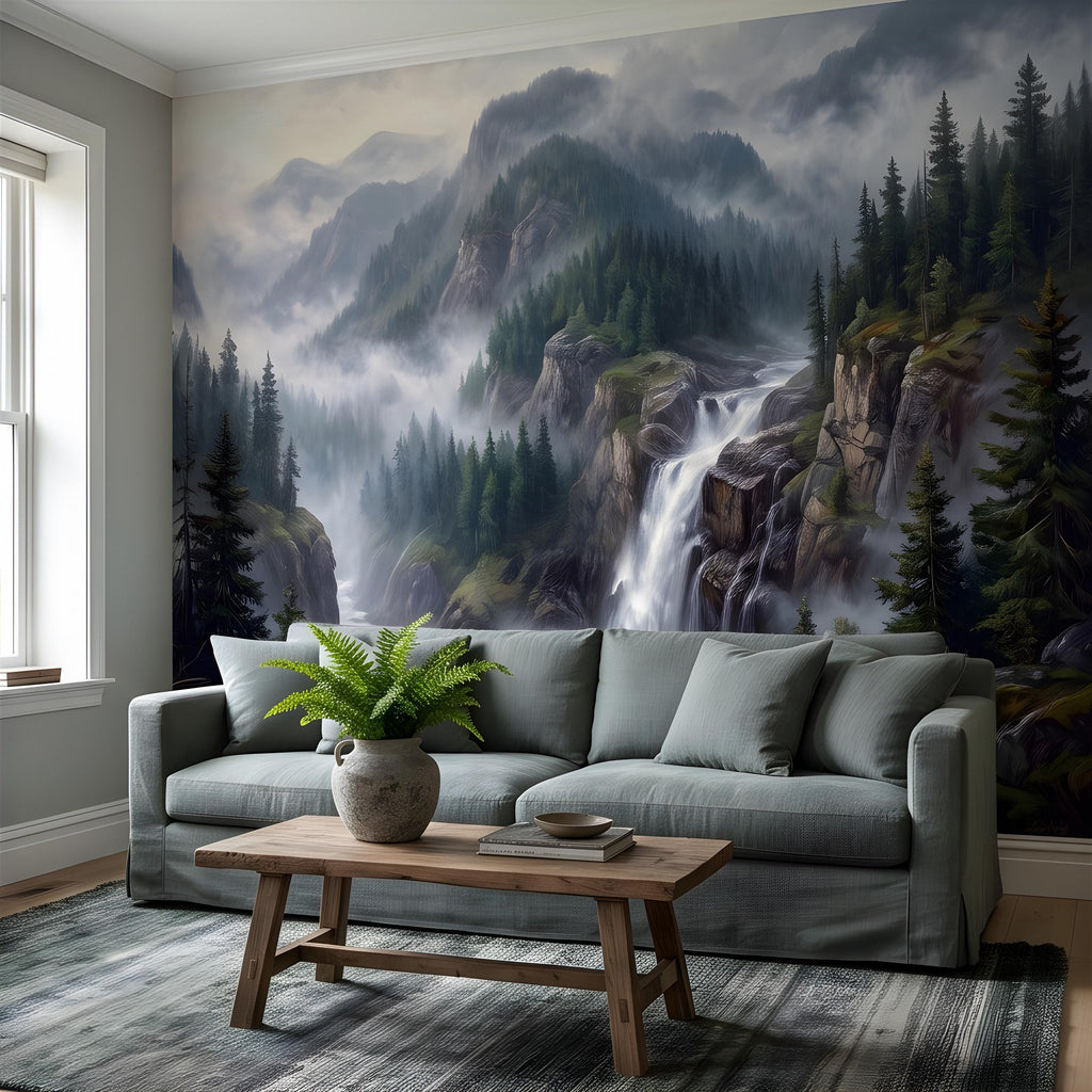 Mountain Waterfall Peel and Stick Wall Mural, Misty Pine Forest Valley, Majestic Rocky Wilderness, Scenic Nature Wallpaper