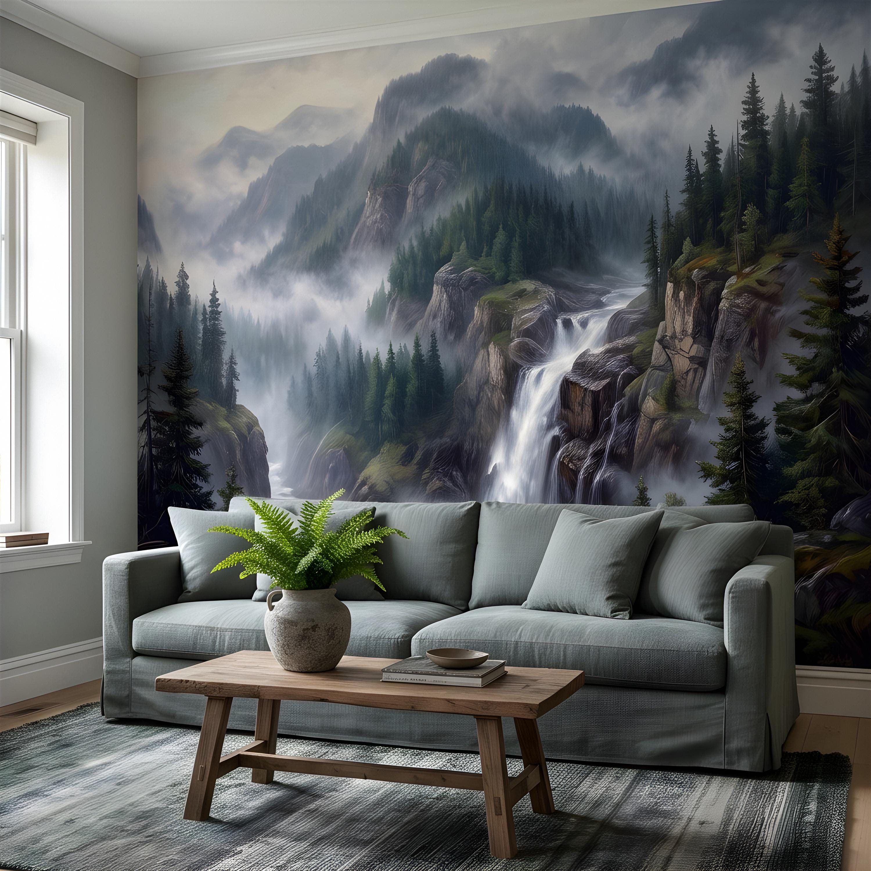 Mountain Waterfall Peel and Stick Wall Mural, Misty Pine Forest Valley, Majestic Rocky Wilderness, Scenic Nature Wallpaper