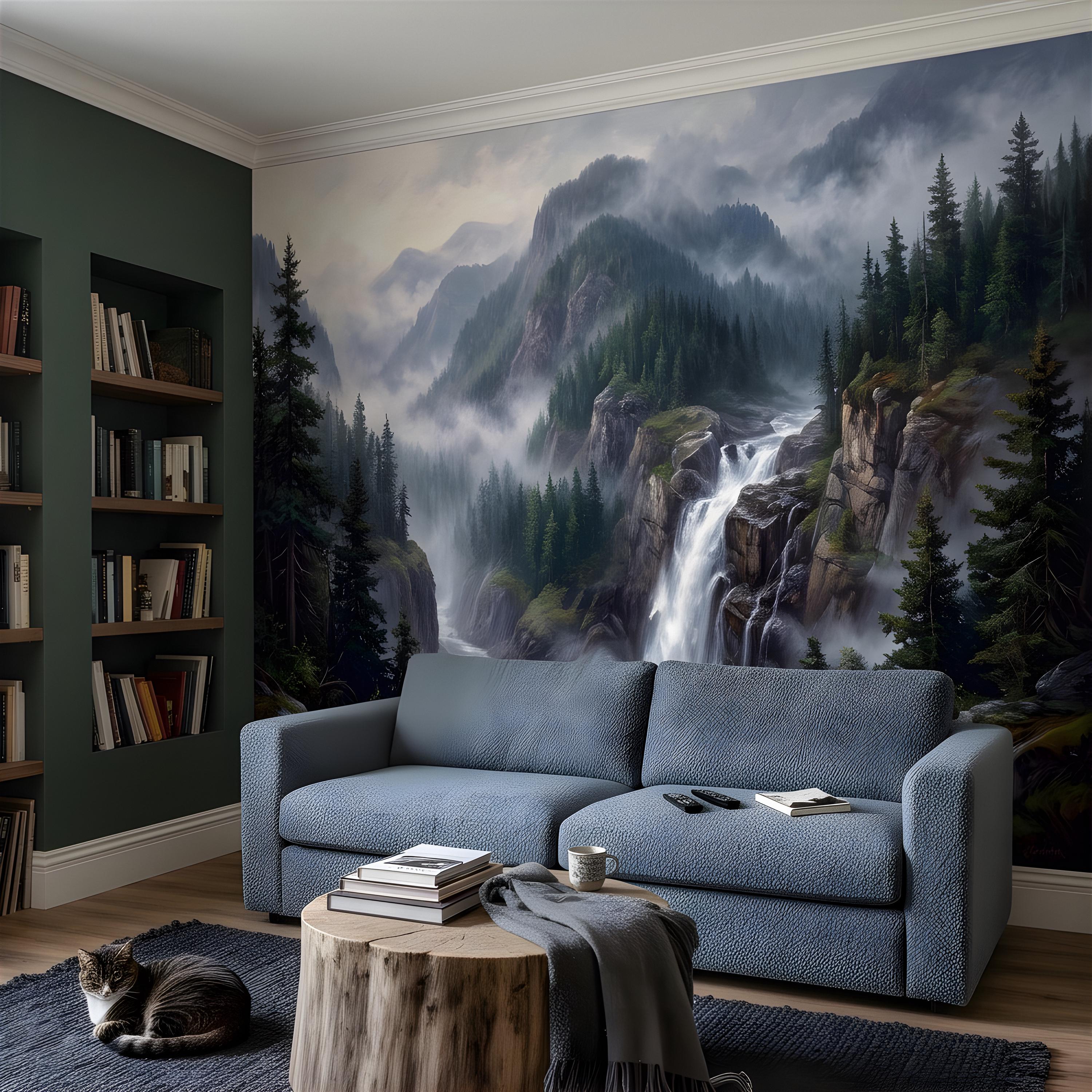 Mountain Waterfall Peel and Stick Wall Mural, Misty Pine Forest Valley, Majestic Rocky Wilderness, Scenic Nature Wallpaper