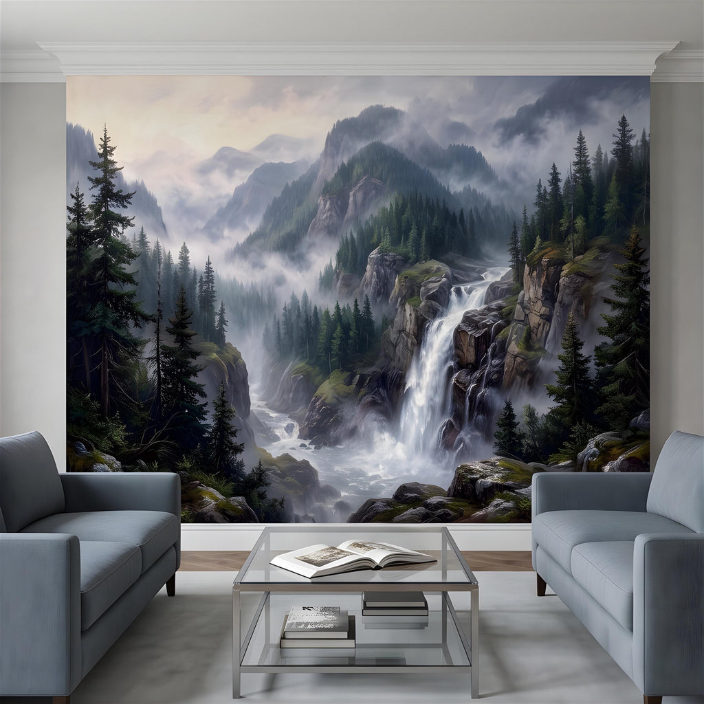 Mountain Waterfall Peel and Stick Wall Mural, Misty Pine Forest Valley, Majestic Rocky Wilderness, Scenic Nature Wallpaper