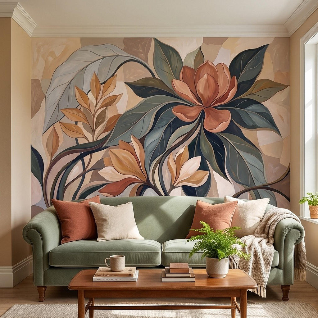 Abstract Botanical Peel and Stick Wall Mural, Modern Floral Leaves, Earth Tone Foliage Contemporary Wallpaper