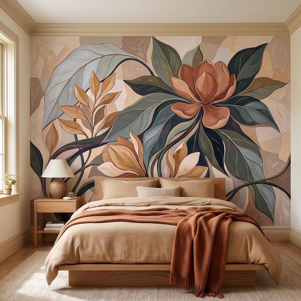 Abstract Botanical Peel and Stick Wall Mural, Modern Floral Leaves, Earth Tone Foliage Contemporary Wallpaper