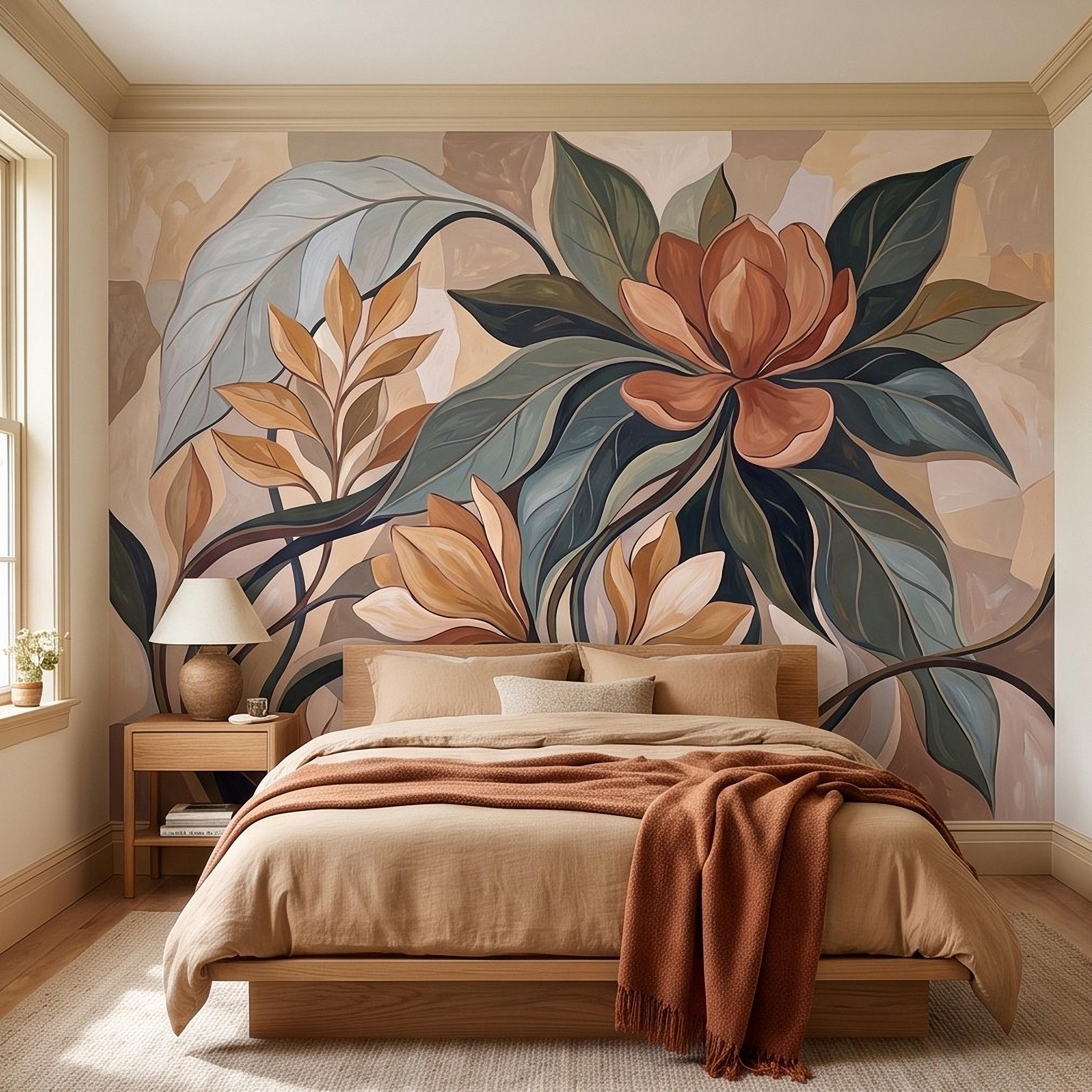 Abstract Botanical Peel and Stick Wall Mural, Modern Floral Leaves, Earth Tone Foliage Contemporary Wallpaper