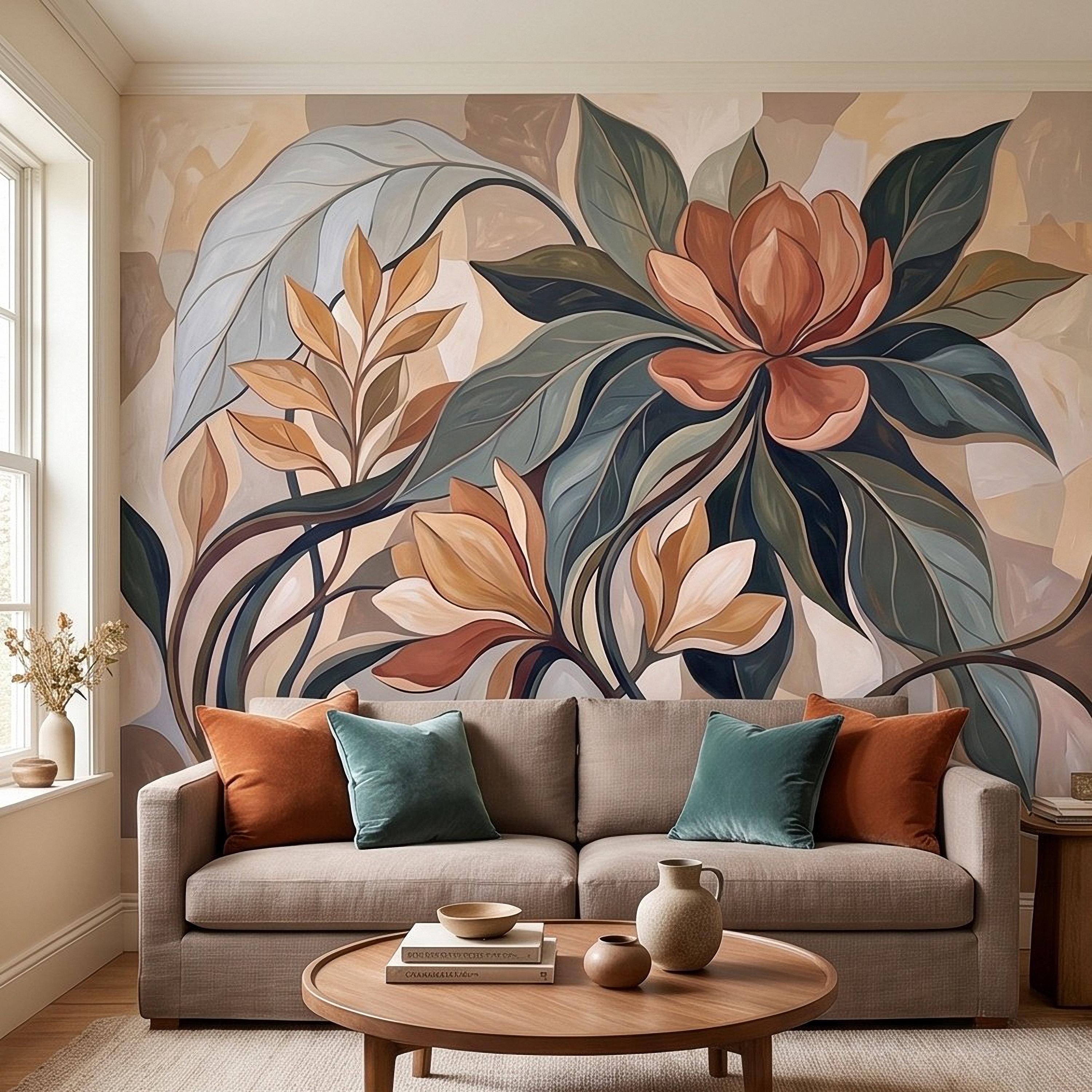 Abstract Botanical Peel and Stick Wall Mural, Modern Floral Leaves, Earth Tone Foliage Contemporary Wallpaper