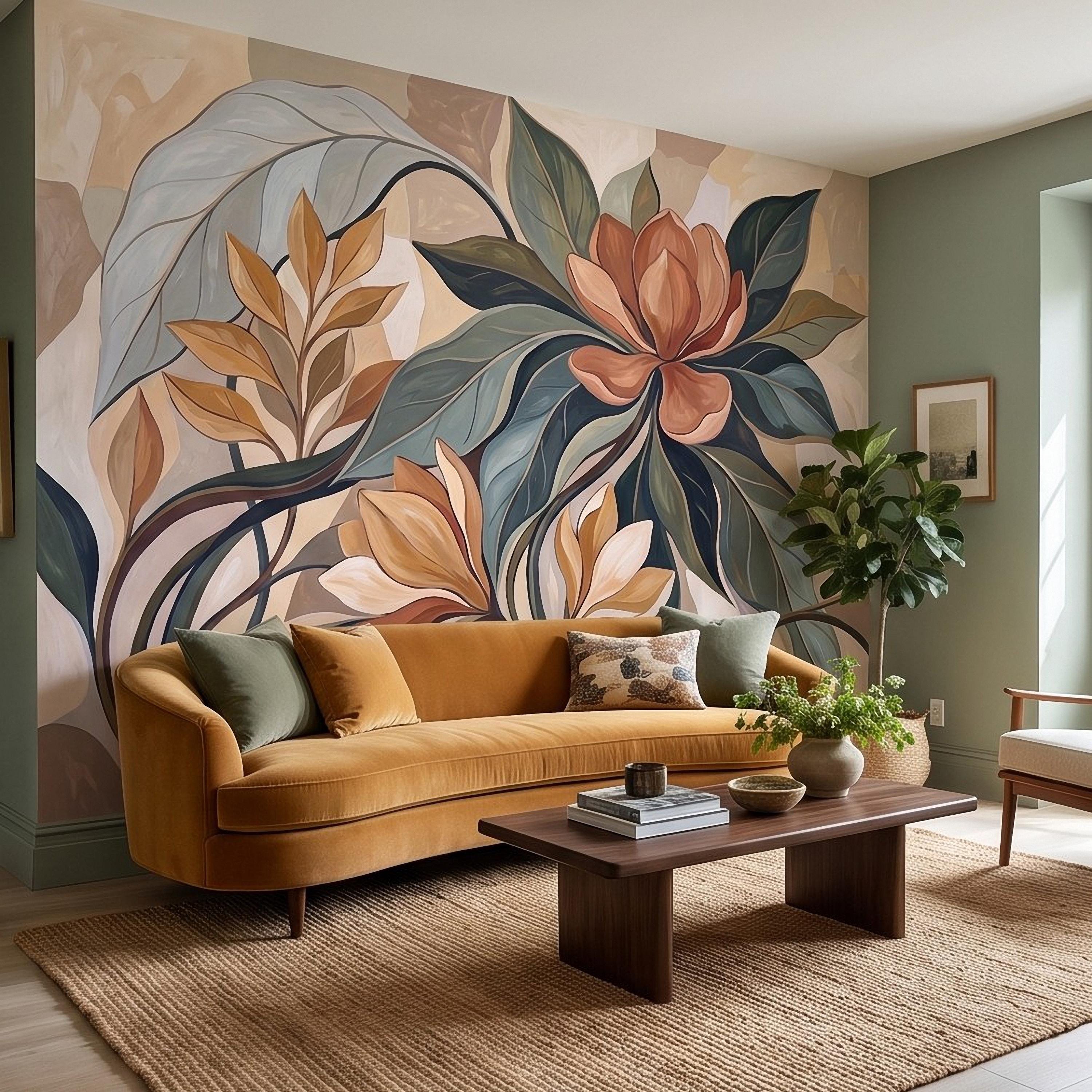 Abstract Botanical Peel and Stick Wall Mural, Modern Floral Leaves, Earth Tone Foliage Contemporary Wallpaper