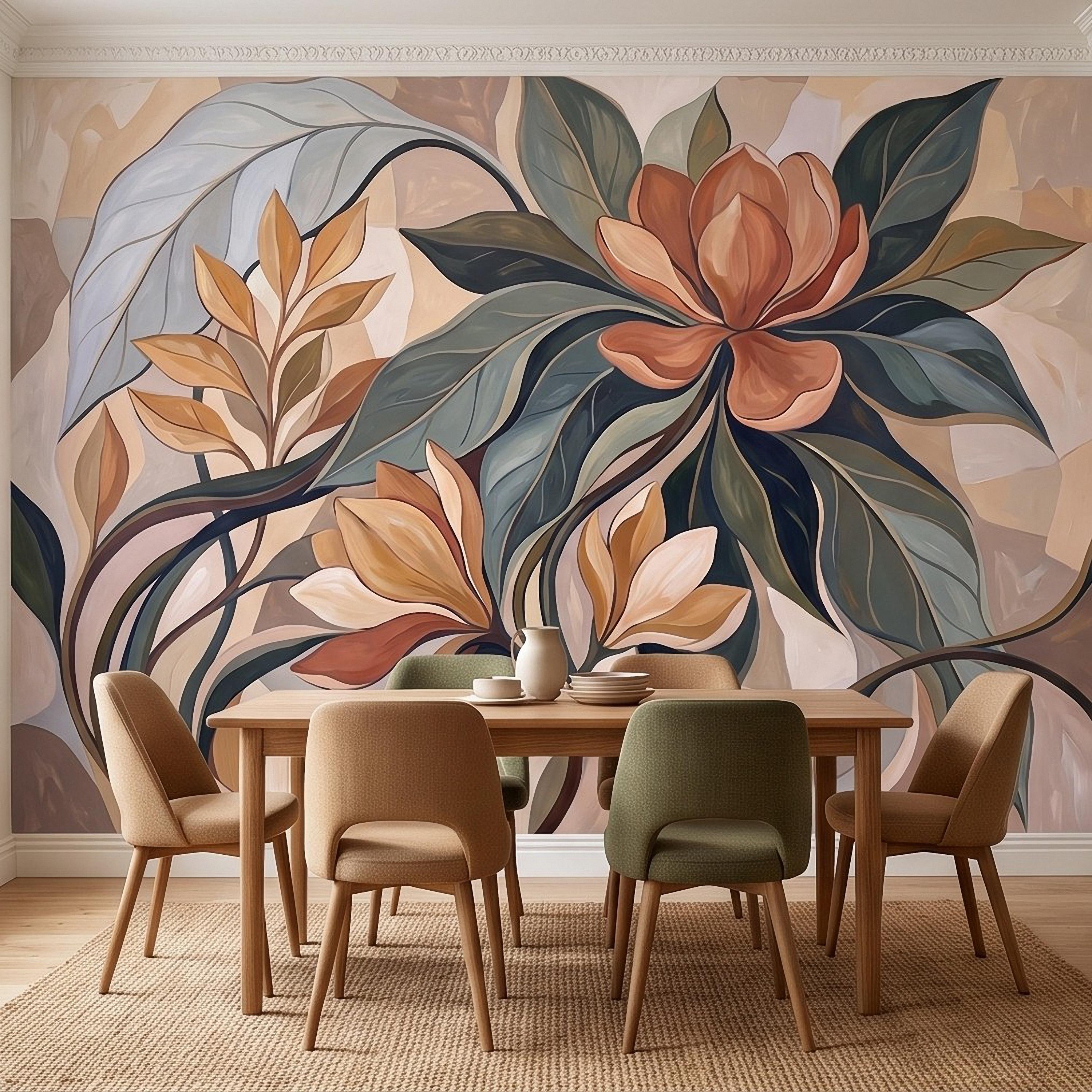 Abstract Botanical Peel and Stick Wall Mural, Modern Floral Leaves, Earth Tone Foliage Contemporary Wallpaper