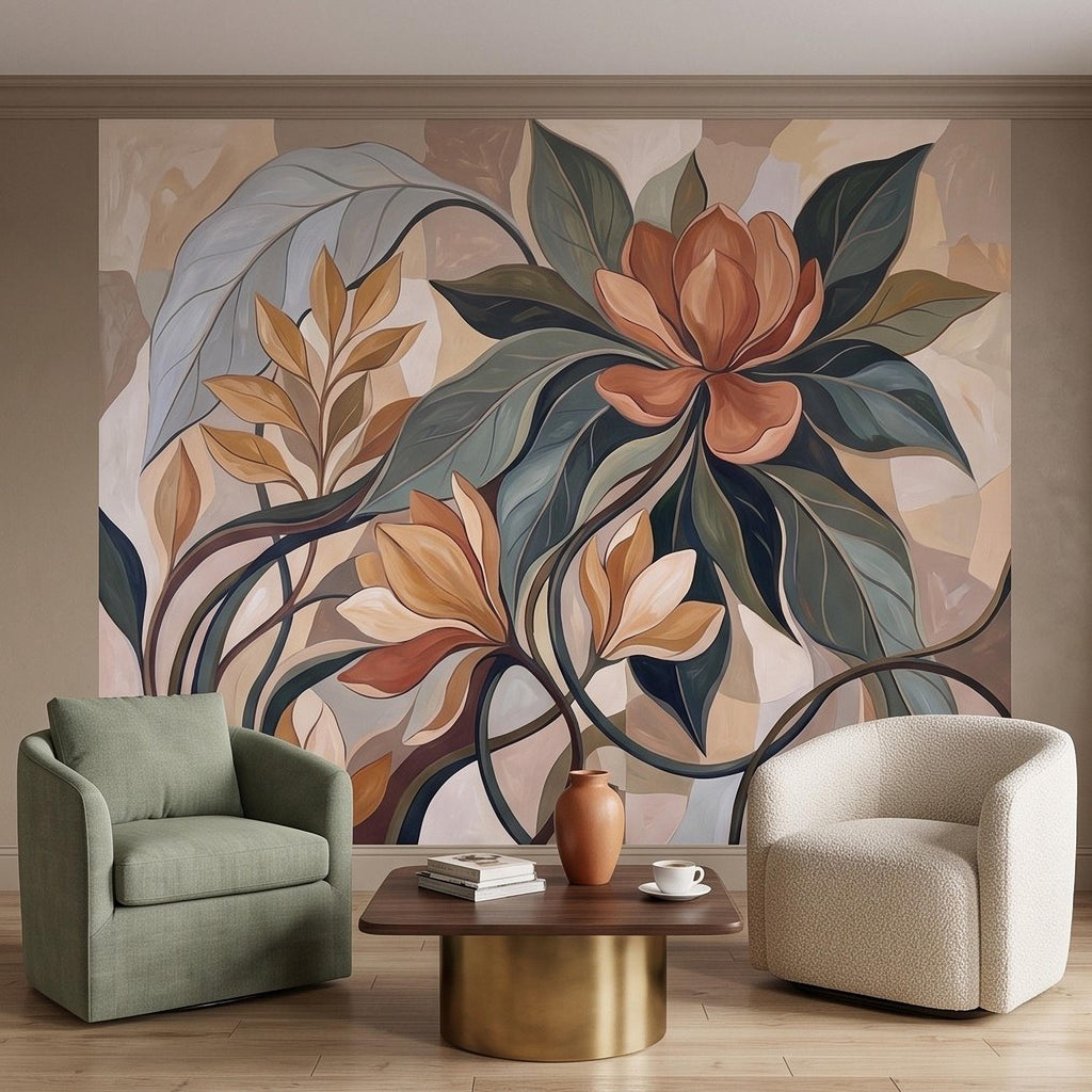 Abstract Botanical Peel and Stick Wall Mural, Modern Floral Leaves, Earth Tone Foliage Contemporary Wallpaper