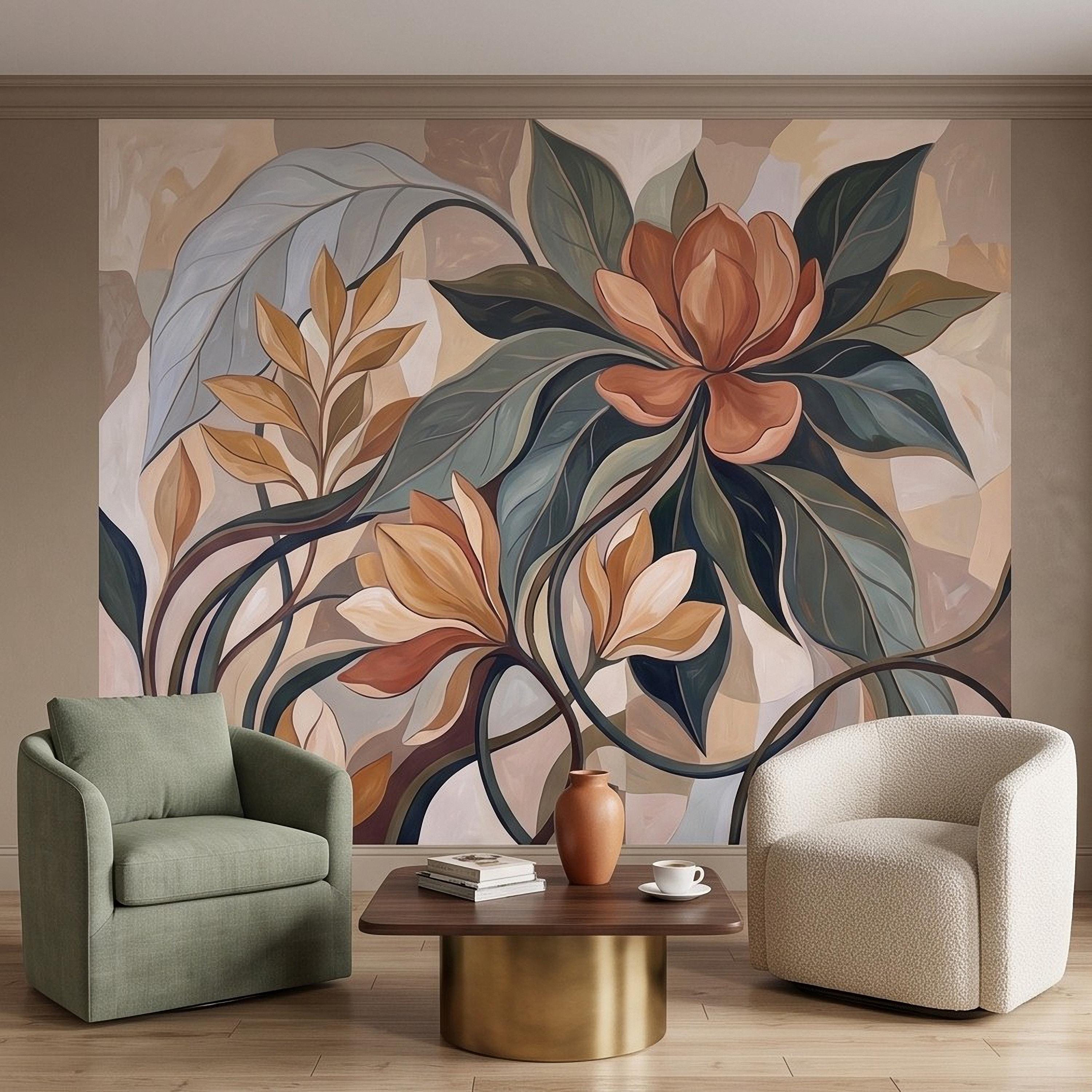 Abstract Botanical Peel and Stick Wall Mural, Modern Floral Leaves, Earth Tone Foliage Contemporary Wallpaper