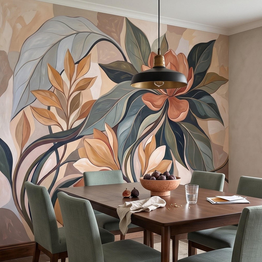 Abstract Botanical Peel and Stick Wall Mural, Modern Floral Leaves, Earth Tone Foliage Contemporary Wallpaper