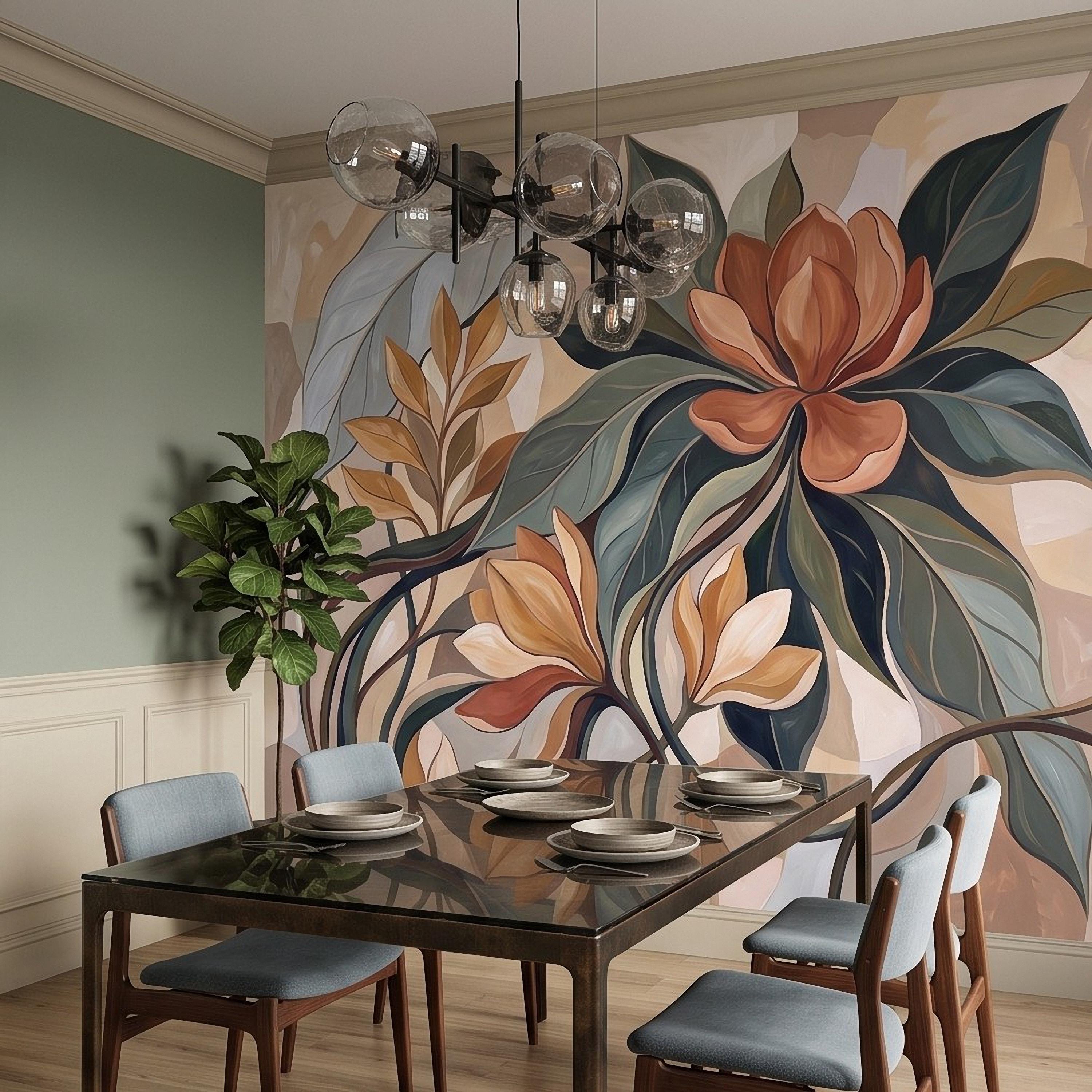 Abstract Botanical Peel and Stick Wall Mural, Modern Floral Leaves, Earth Tone Foliage Contemporary Wallpaper