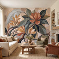 Abstract Botanical Peel and Stick Wall Mural, Modern Floral Leaves, Earth Tone Foliage Contemporary Wallpaper