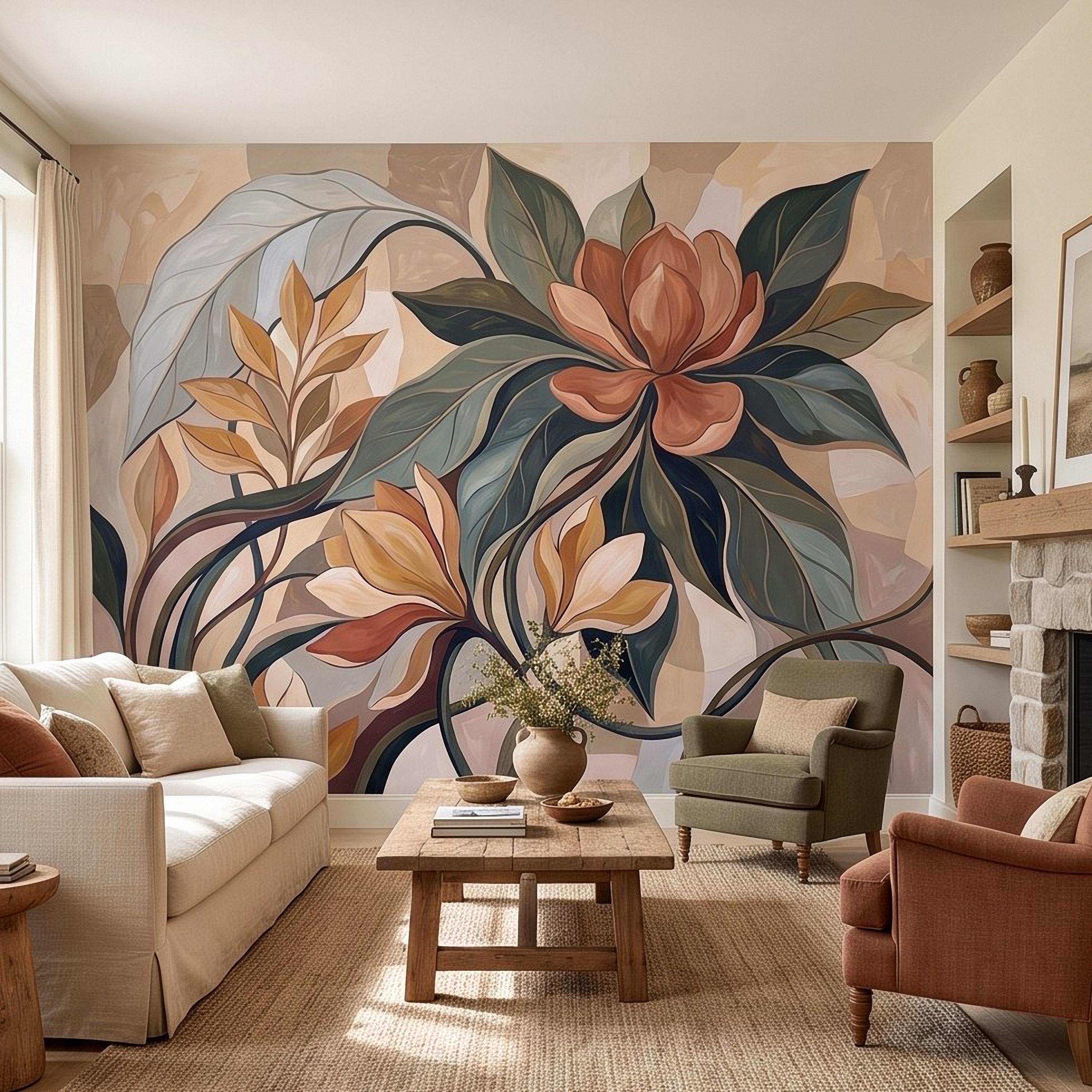 Abstract Botanical Peel and Stick Wall Mural, Modern Floral Leaves, Earth Tone Foliage Contemporary Wallpaper