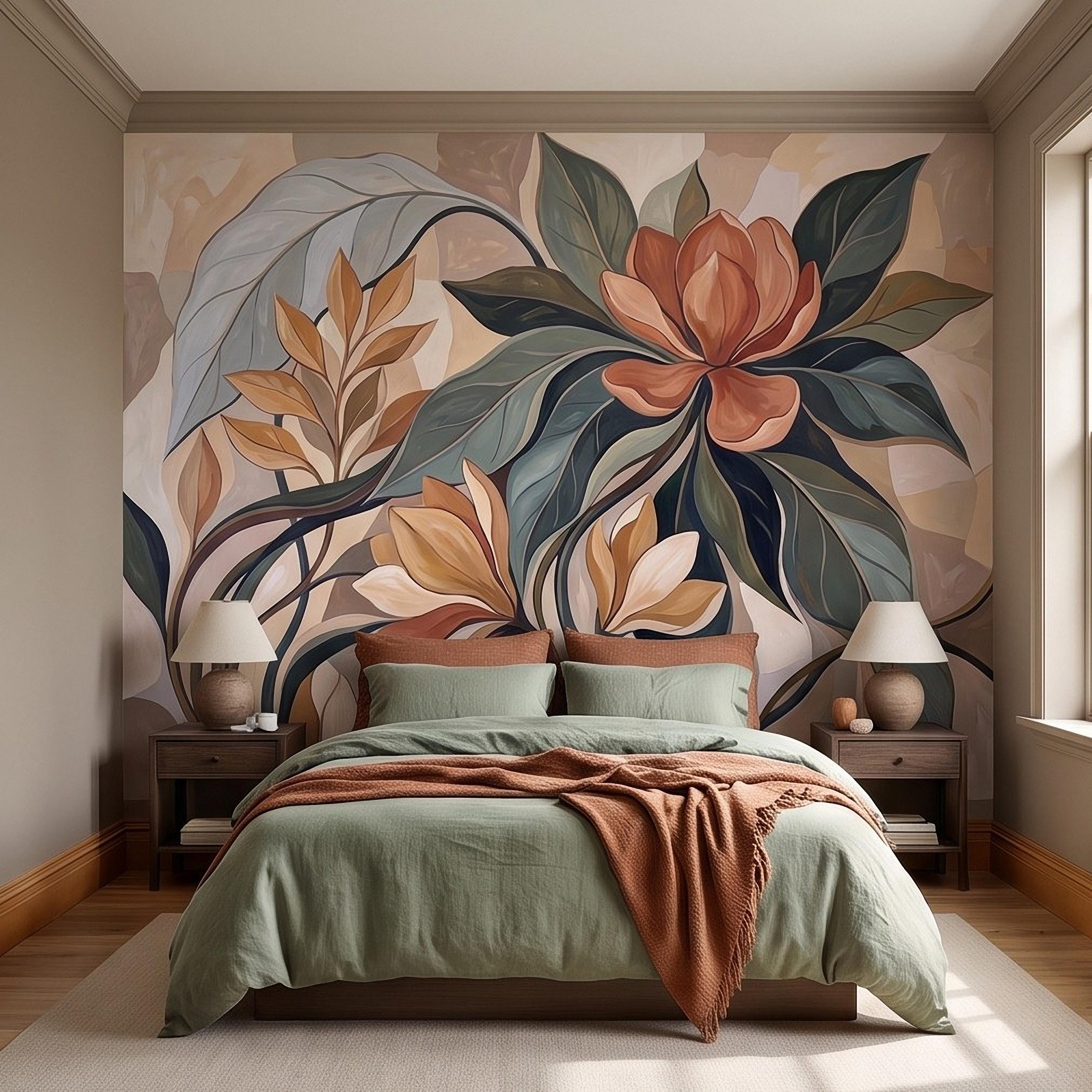 Abstract Botanical Peel and Stick Wall Mural, Modern Floral Leaves, Earth Tone Foliage Contemporary Wallpaper