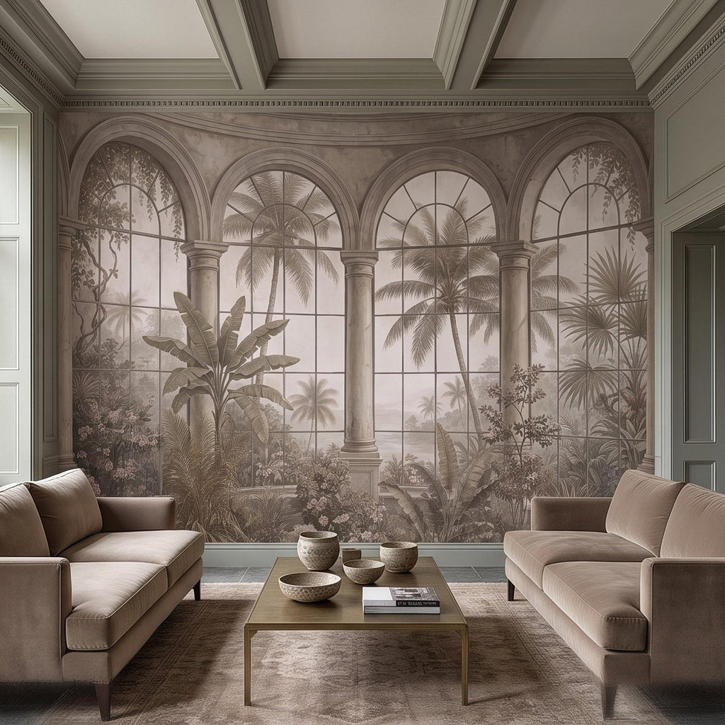 Tropical Conservatory Window Peel and Stick Wall Mural, Grand Arched Glasshouse Vintage Palm Garden View Architectural Wallpaper