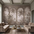 Tropical Conservatory Window Peel and Stick Wall Mural, Grand Arched Glasshouse Vintage Palm Garden View Architectural Wallpaper