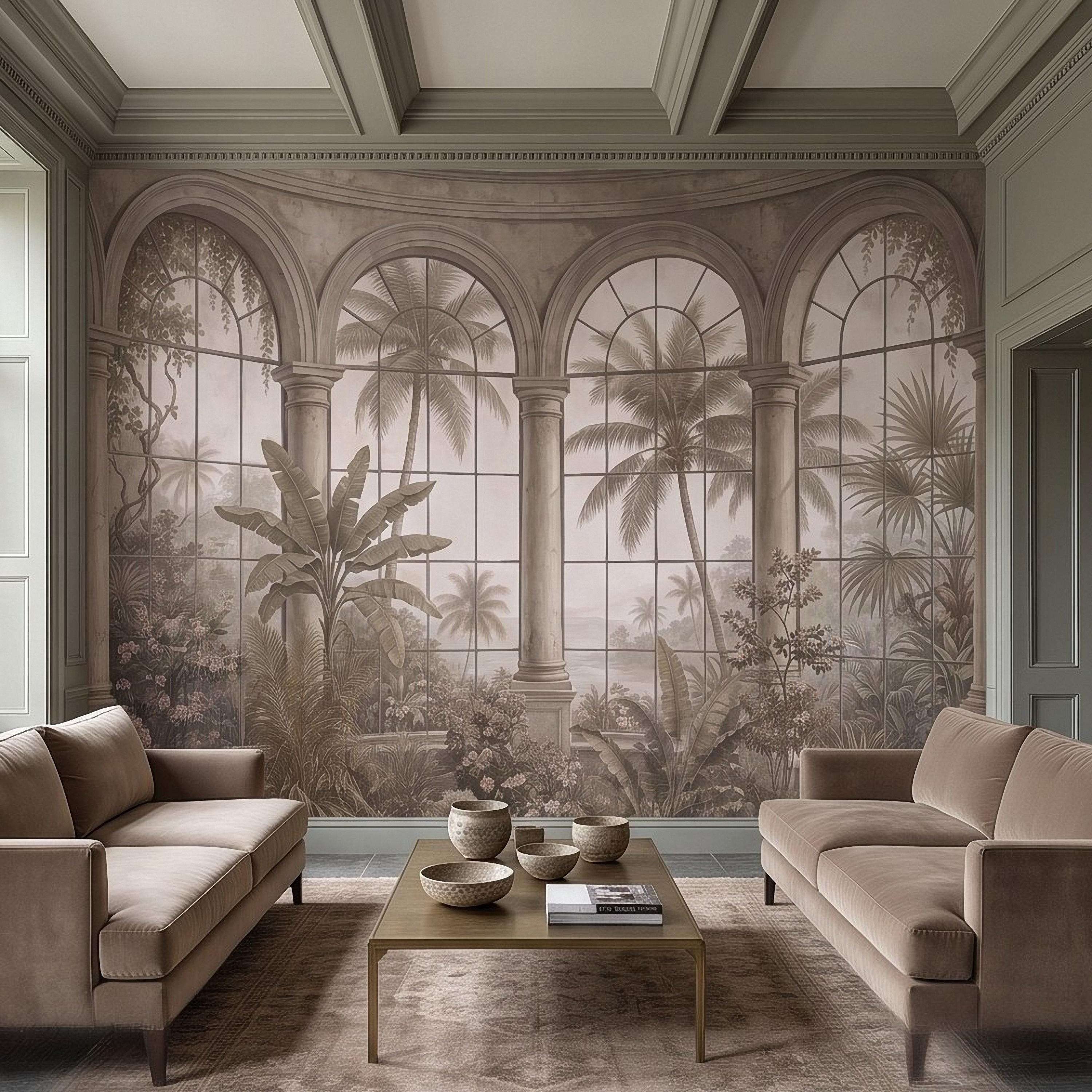 Tropical Conservatory Window Peel and Stick Wall Mural, Grand Arched Glasshouse Vintage Palm Garden View Architectural Wallpaper
