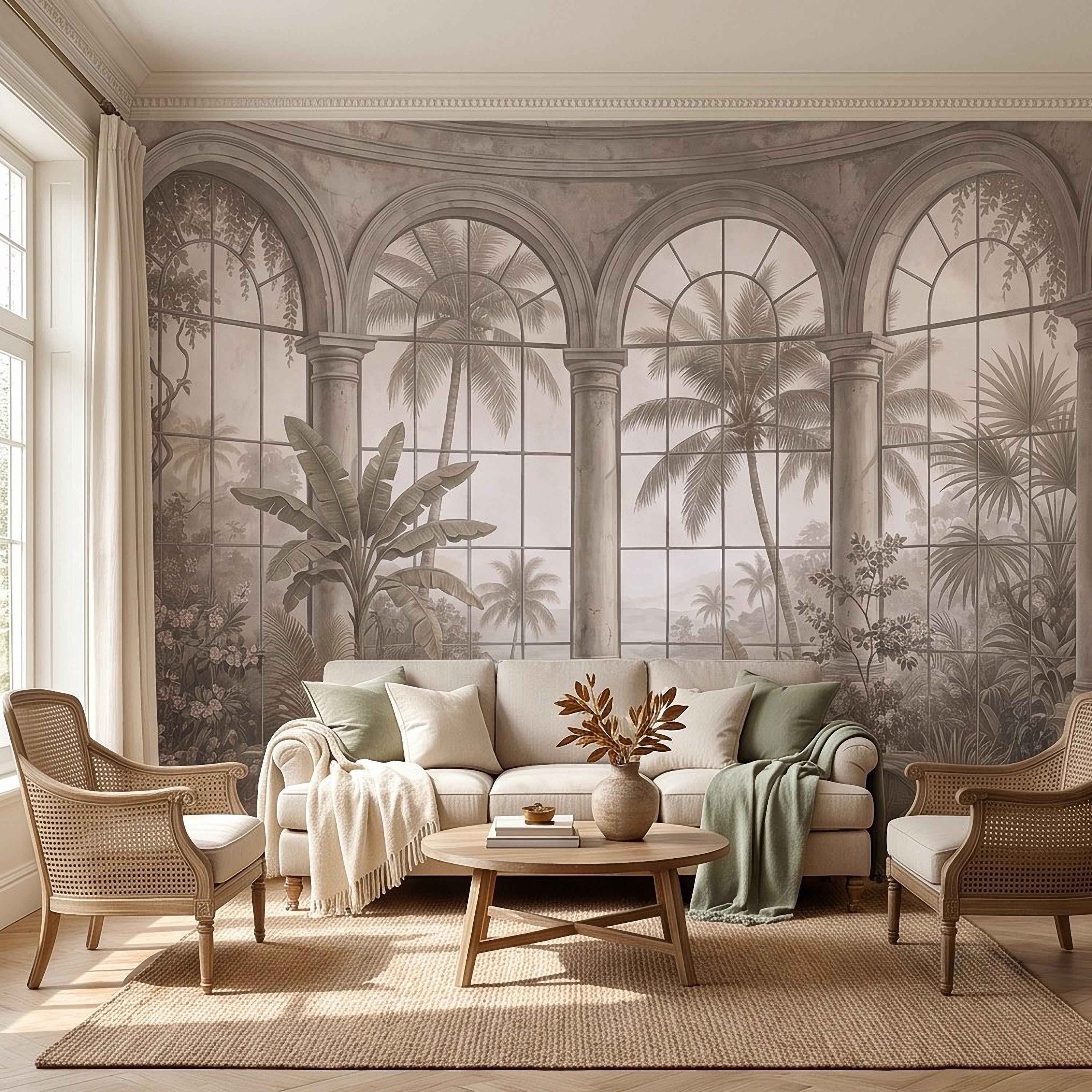 Tropical Conservatory Window Peel and Stick Wall Mural, Grand Arched Glasshouse Vintage Palm Garden View Architectural Wallpaper